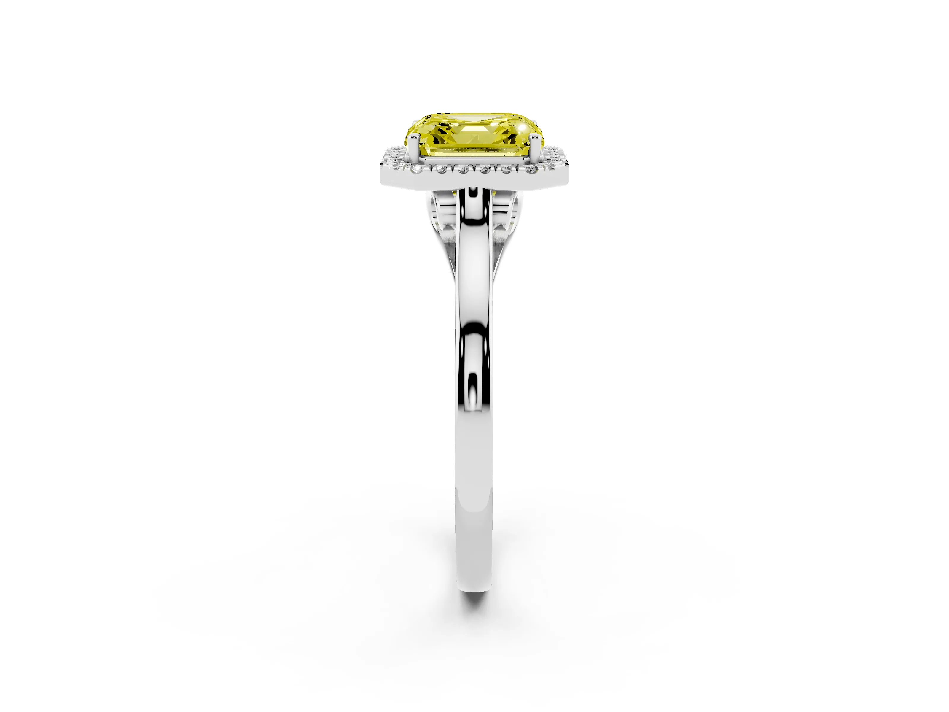 Fancy Yellow Asscher Cut Halo Round Diamond Solitaire Ring Set in Silver with Pavé Band and Prong Setting
