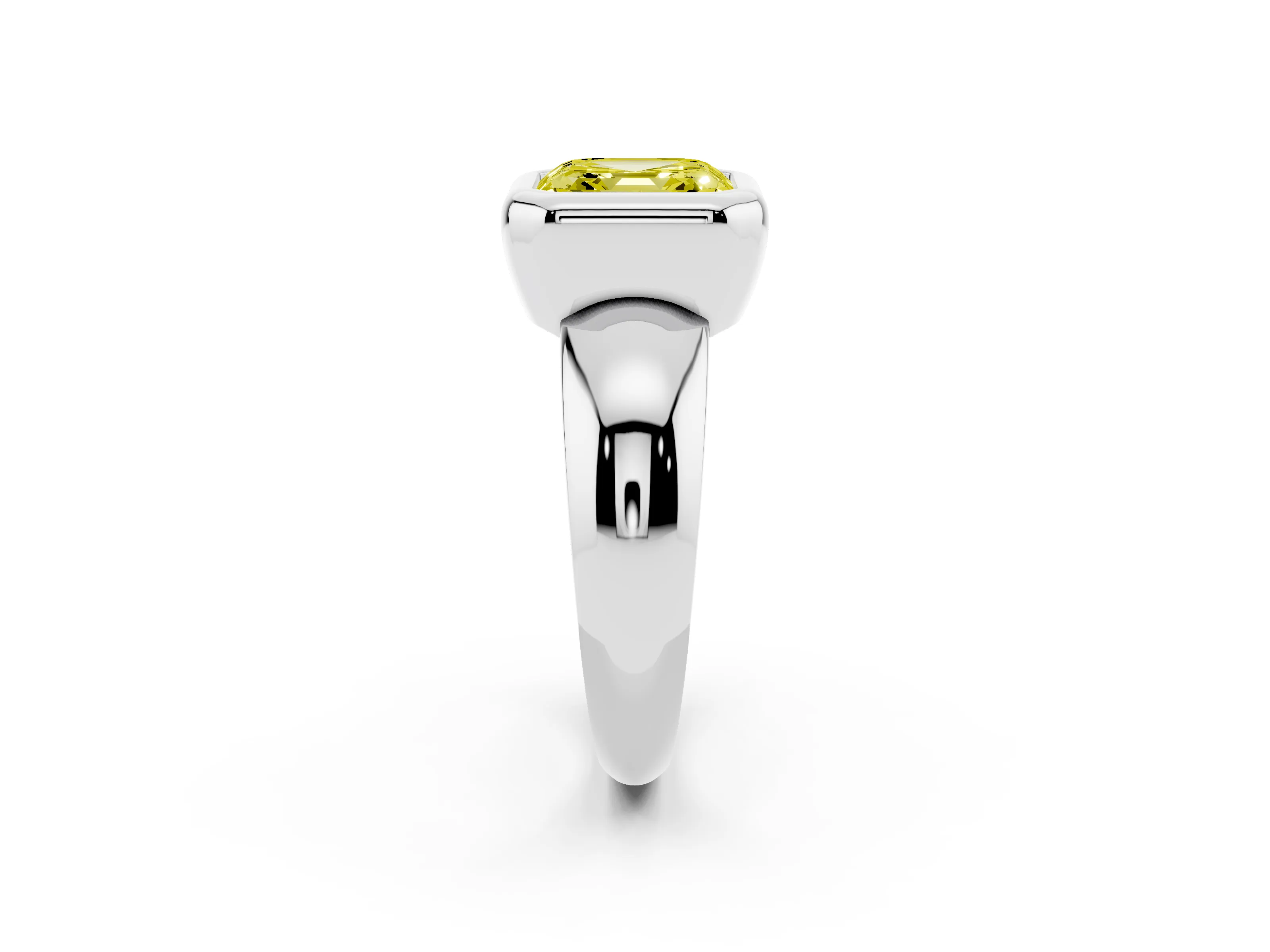 Fancy Yellow Bezel Set Asscher Cut Diamond Solitaire Ring Set in Platinum with Wide Band