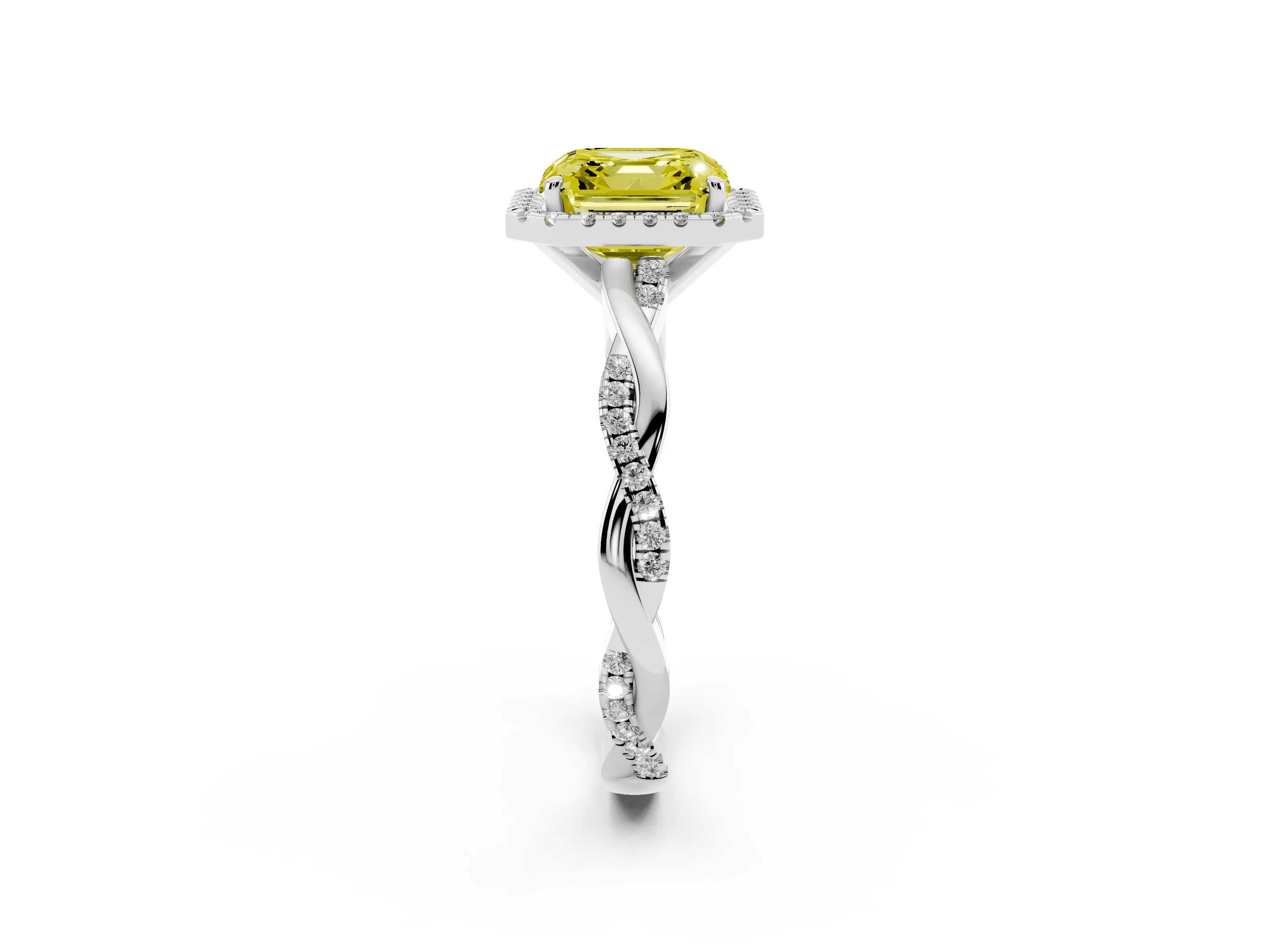 Fancy Yellow Asscher Cut Diamond Halo Twisted Band Ring Set in Platinum with Prong Setting