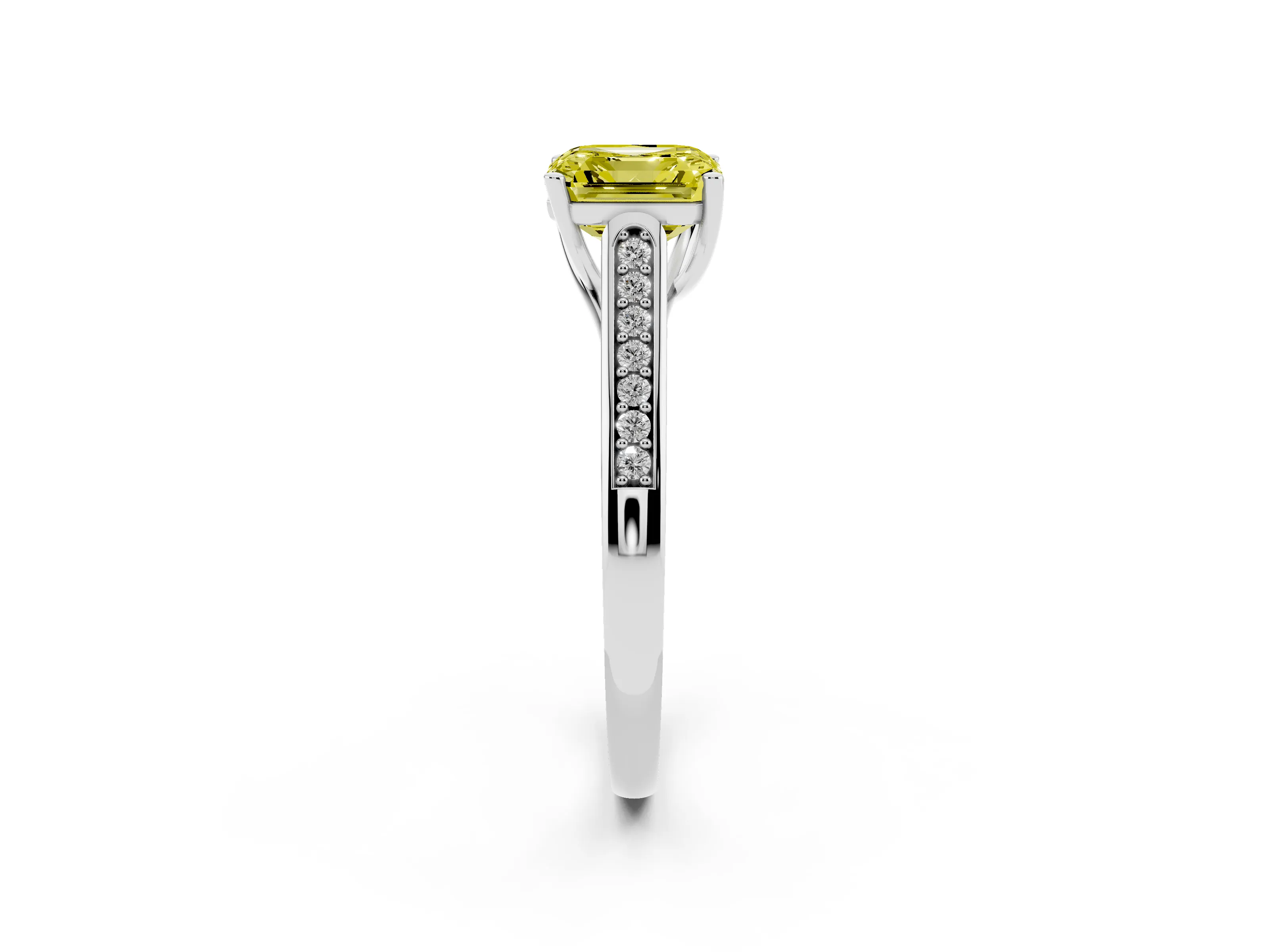 Fancy Yellow Asscher Cut Diamond Solitaire Cathedral Engagement Ring Set in White gold with Channel-Set Band and Prong Setting