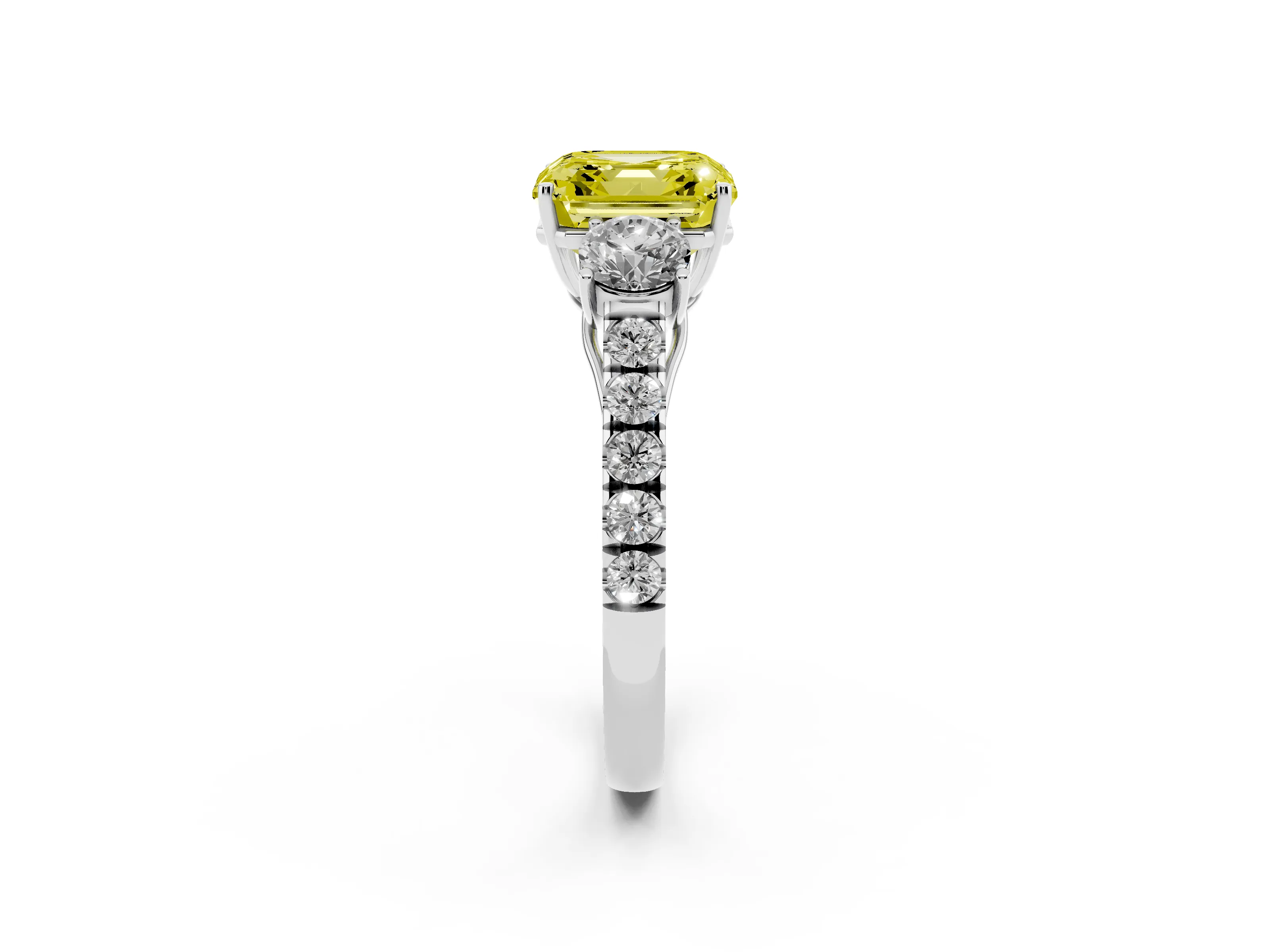 Fancy Yellow Asscher Cut Diamond Three-Stone Ring Set in Platinum with Round Side Stones and Delicate Pavé Band