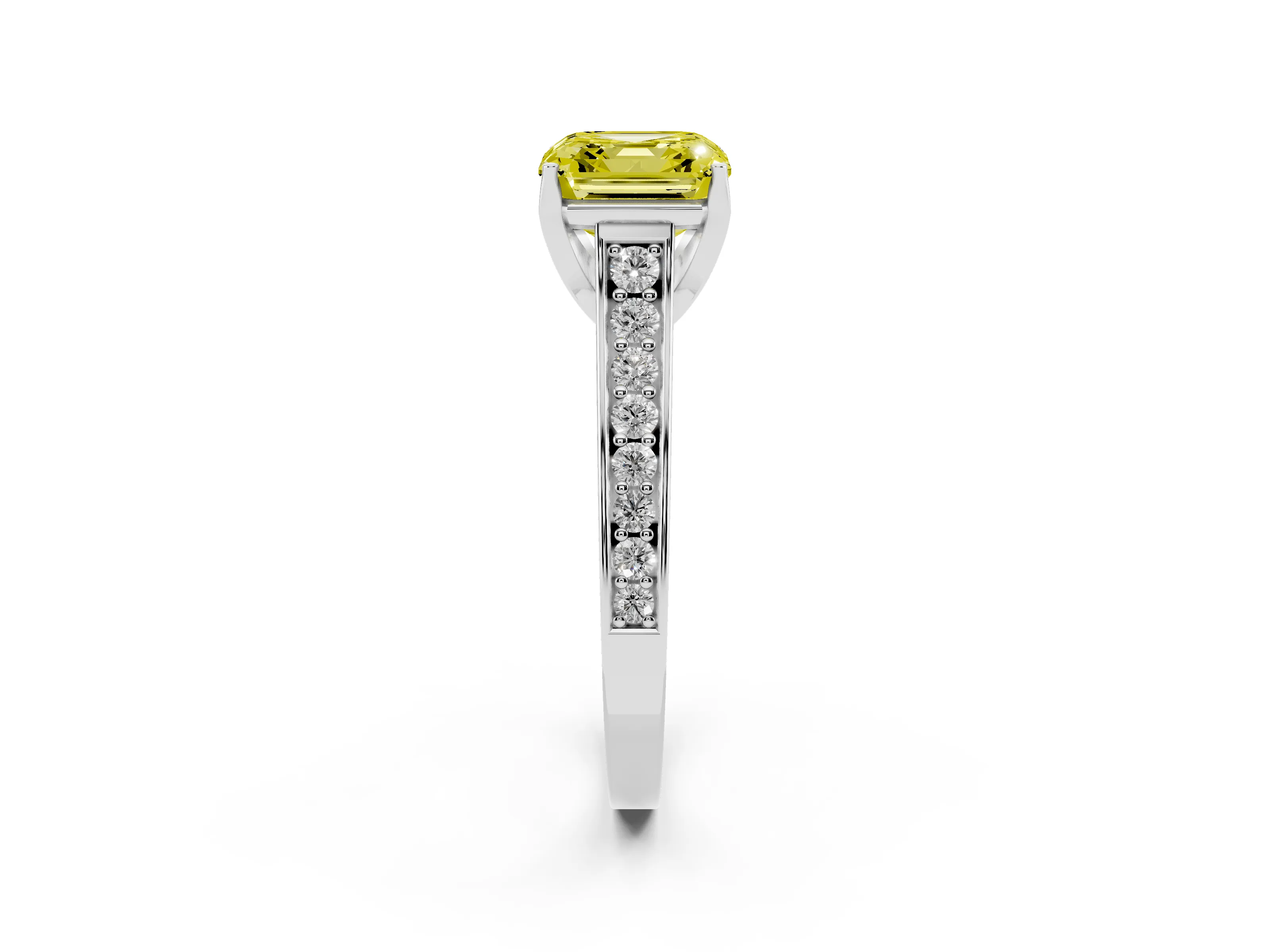 Fancy Yellow Asscher Cut Diamond Solitaire Pavé Engagement Ring Set in White gold with Prong Setting