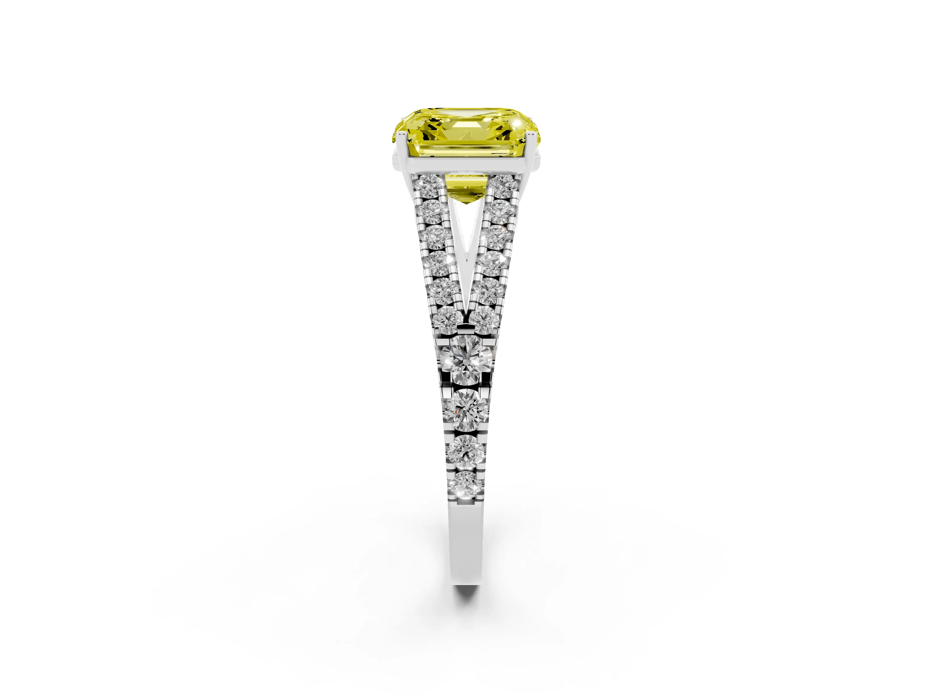 Fancy Yellow Asscher Cut Diamond Split Shank Engagement Ring Set in White gold with Round Pavé and Prong Setting