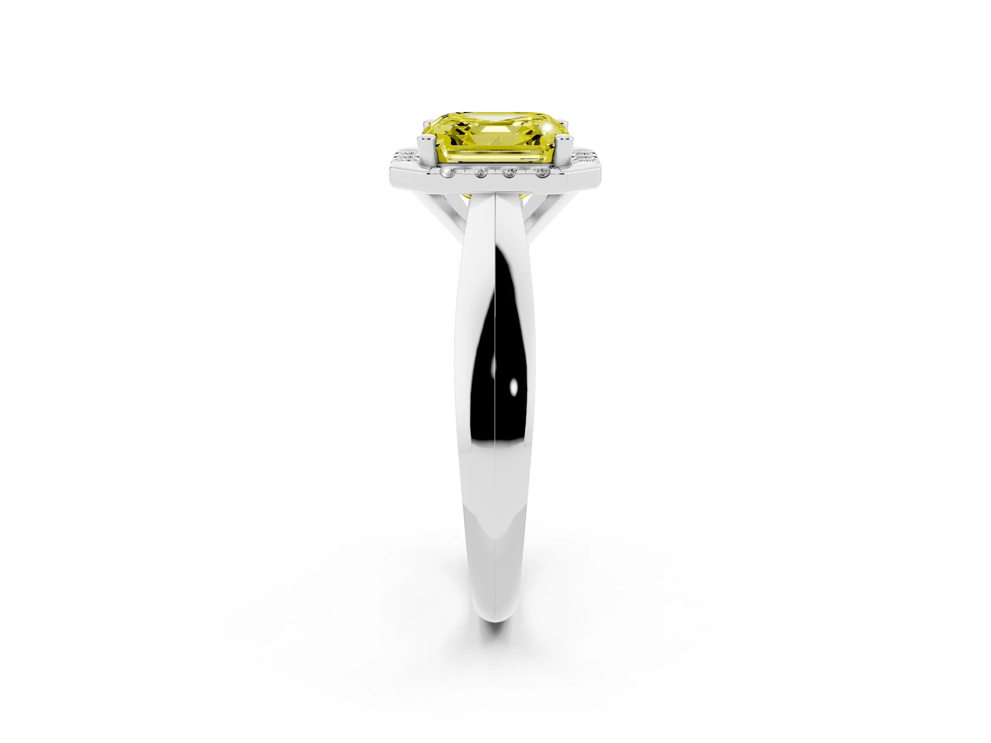 Fancy Yellow Asscher Cut Diamond Halo Solitaire Engagement Ring Set in White gold with Square Band and Prong Setting