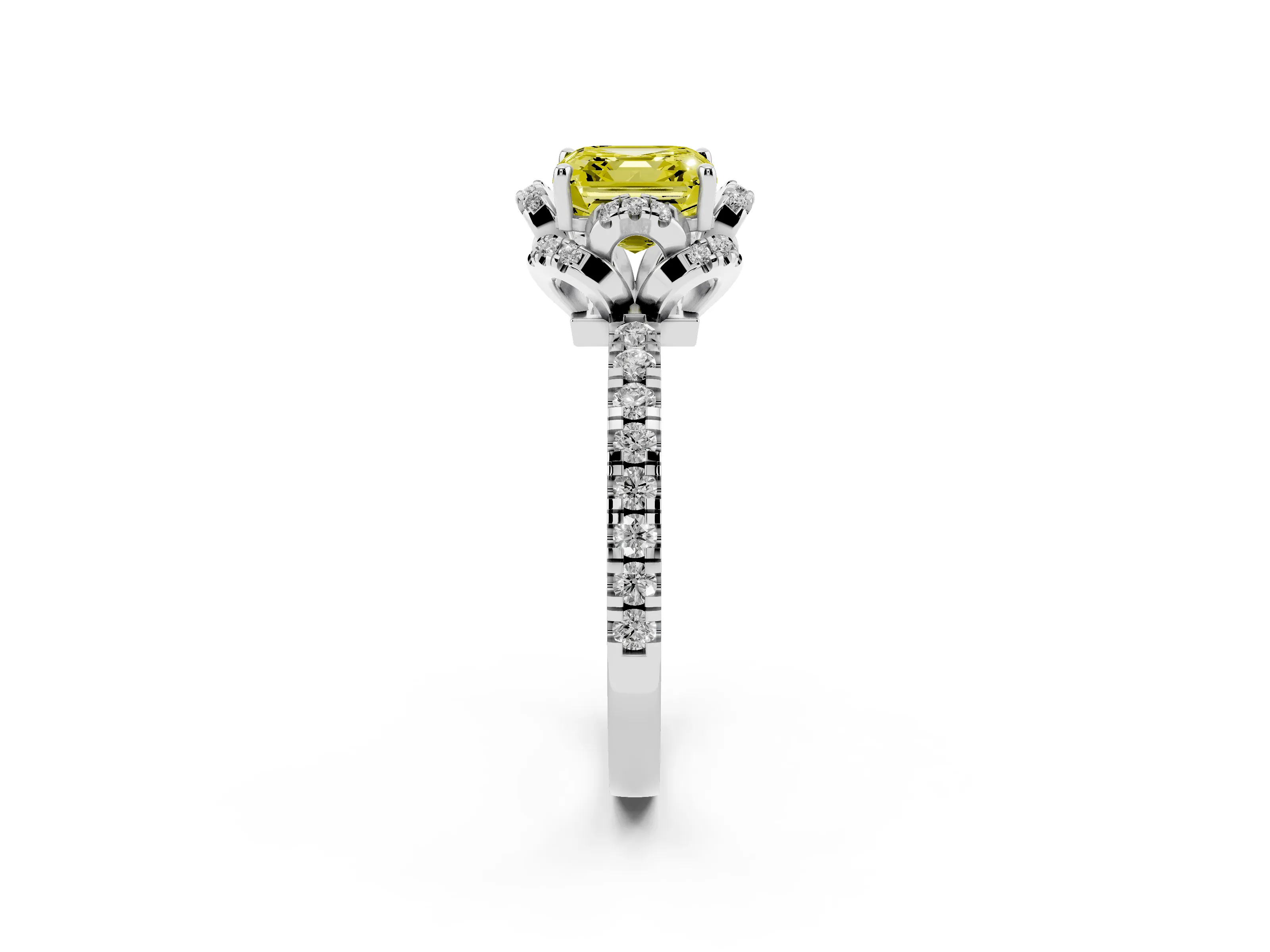 Fancy Yellow Asscher Cut Diamond Halo Pavé Band Ring Set in White gold with Prong-Held Center