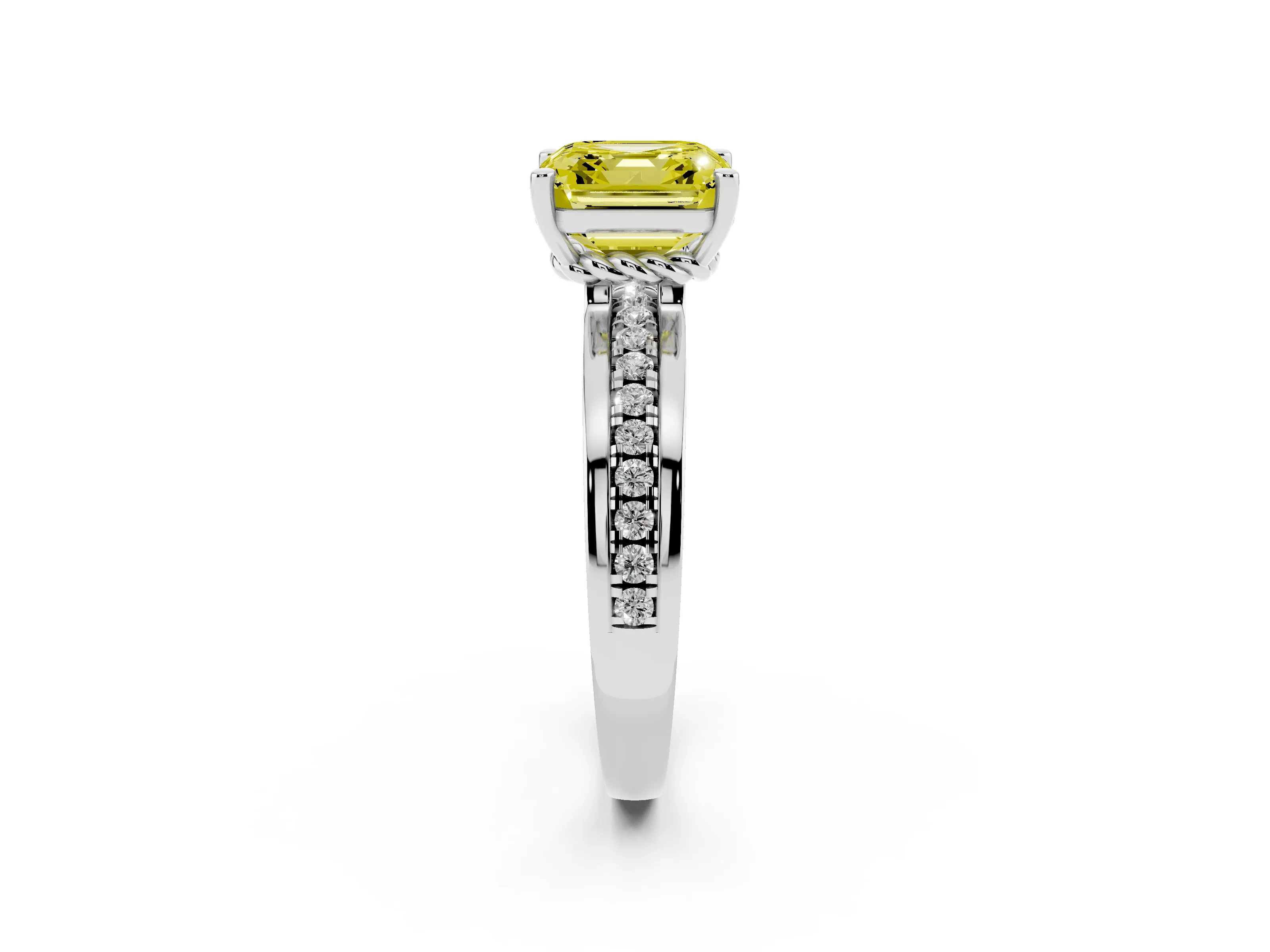 Fancy Yellow Asscher Cut Diamond Solitaire Ring Set in White gold with Channel Set Band and Prong Setting