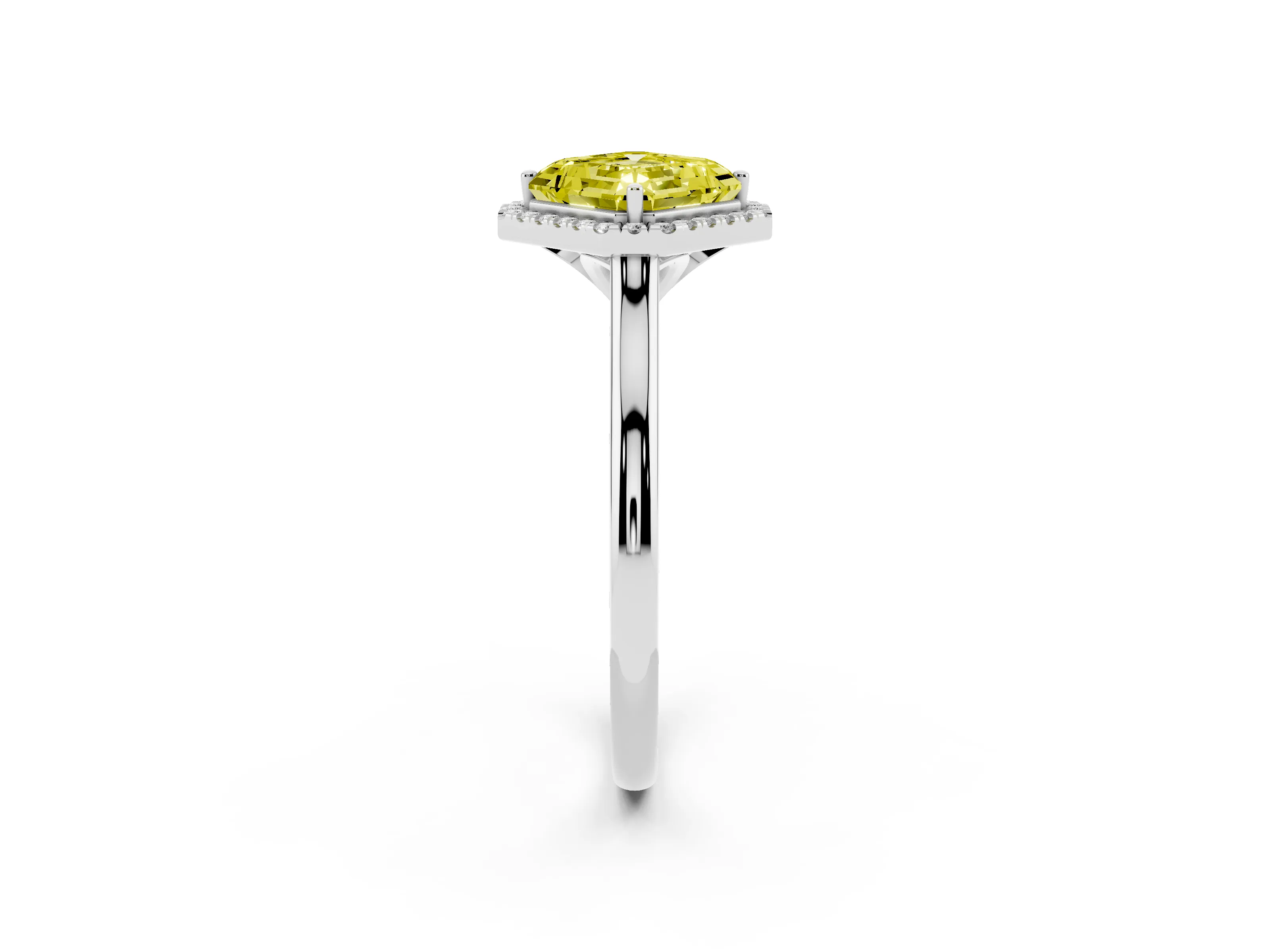 Fancy Yellow Asscher Cut Diamond Halo Engagement Ring Set in White gold with Pavé Band and Rising Shoulders