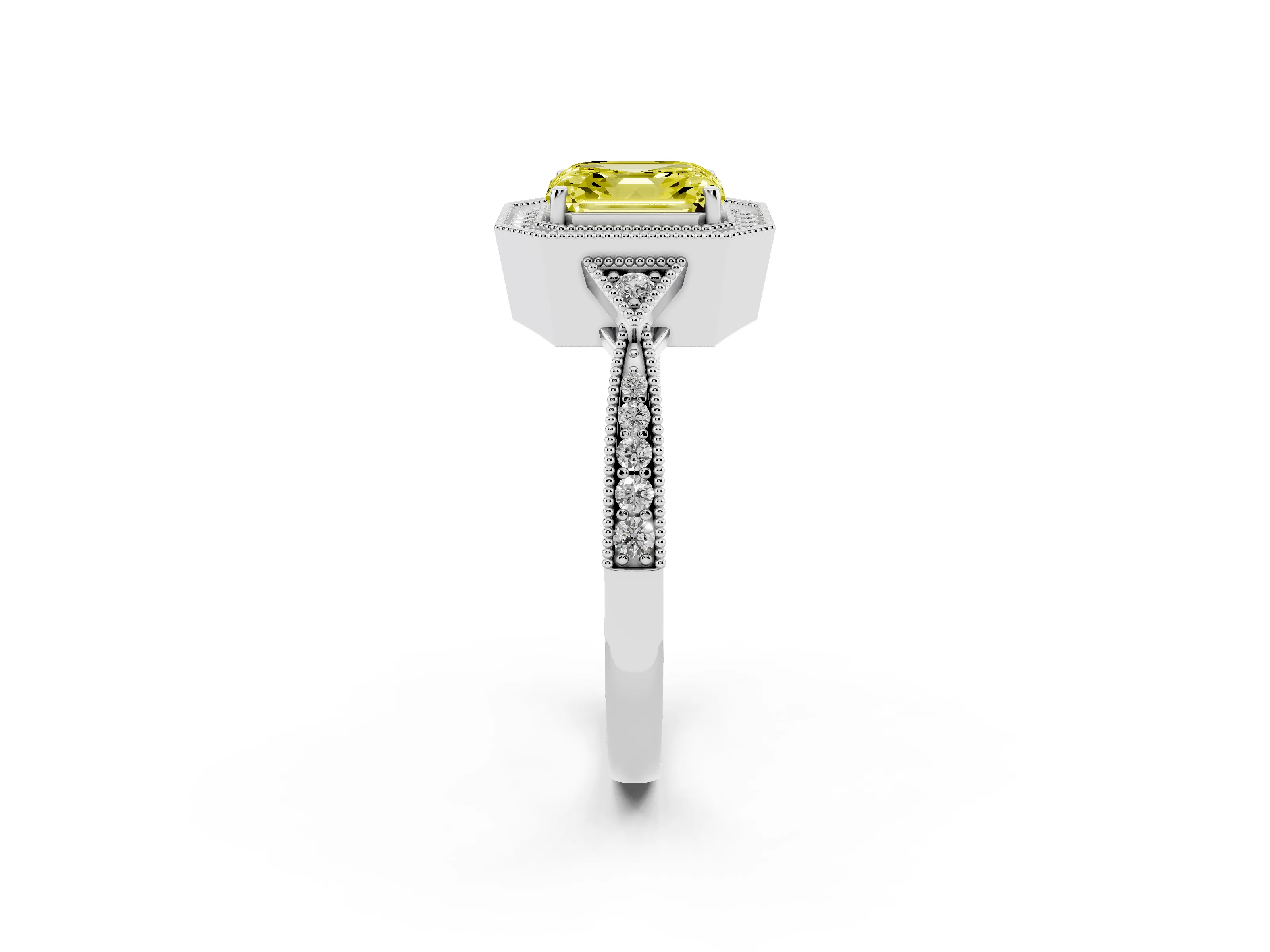 Fancy Yellow Asscher Cut Diamond Halo Engagement Ring Set in Silver with Milgrain Pavé Band