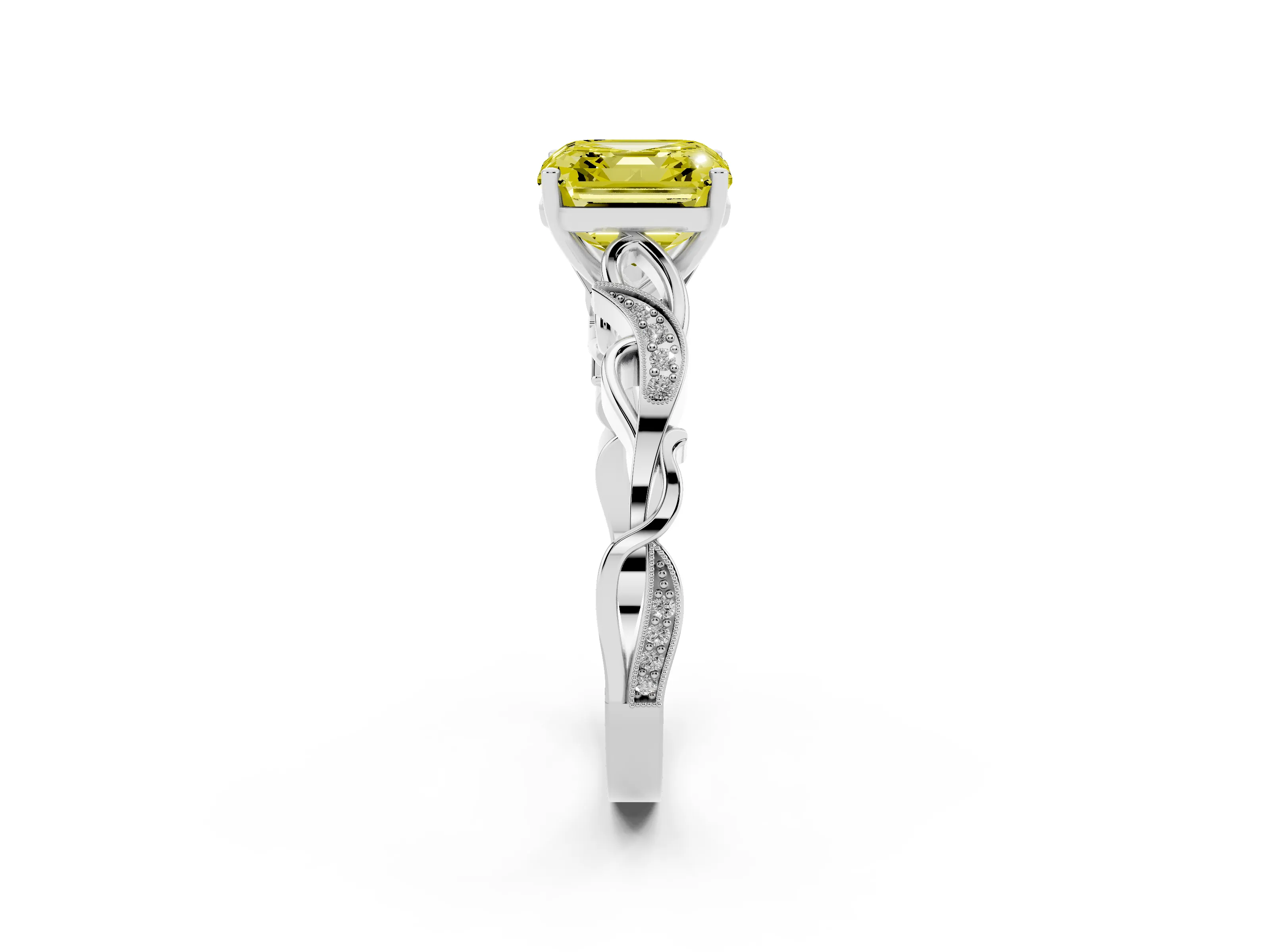 Fancy Yellow Asscher Cut Diamond Vine Band Solitaire Ring Set in White gold with Milgrain Prong Setting
