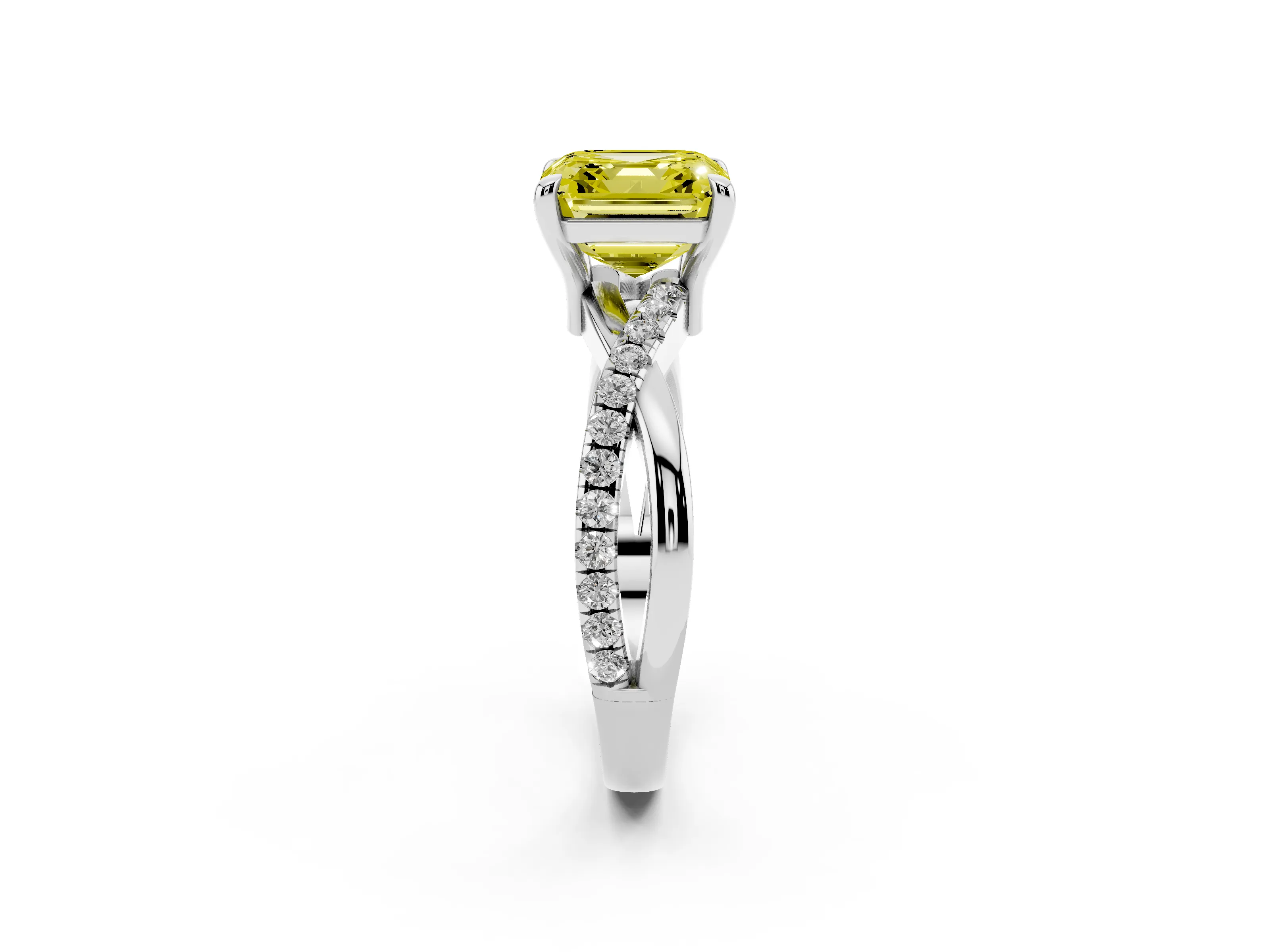 Fancy Yellow Asscher Cut Diamond Twist Band Pavé Solitaire Ring Set in White gold with Prong Setting