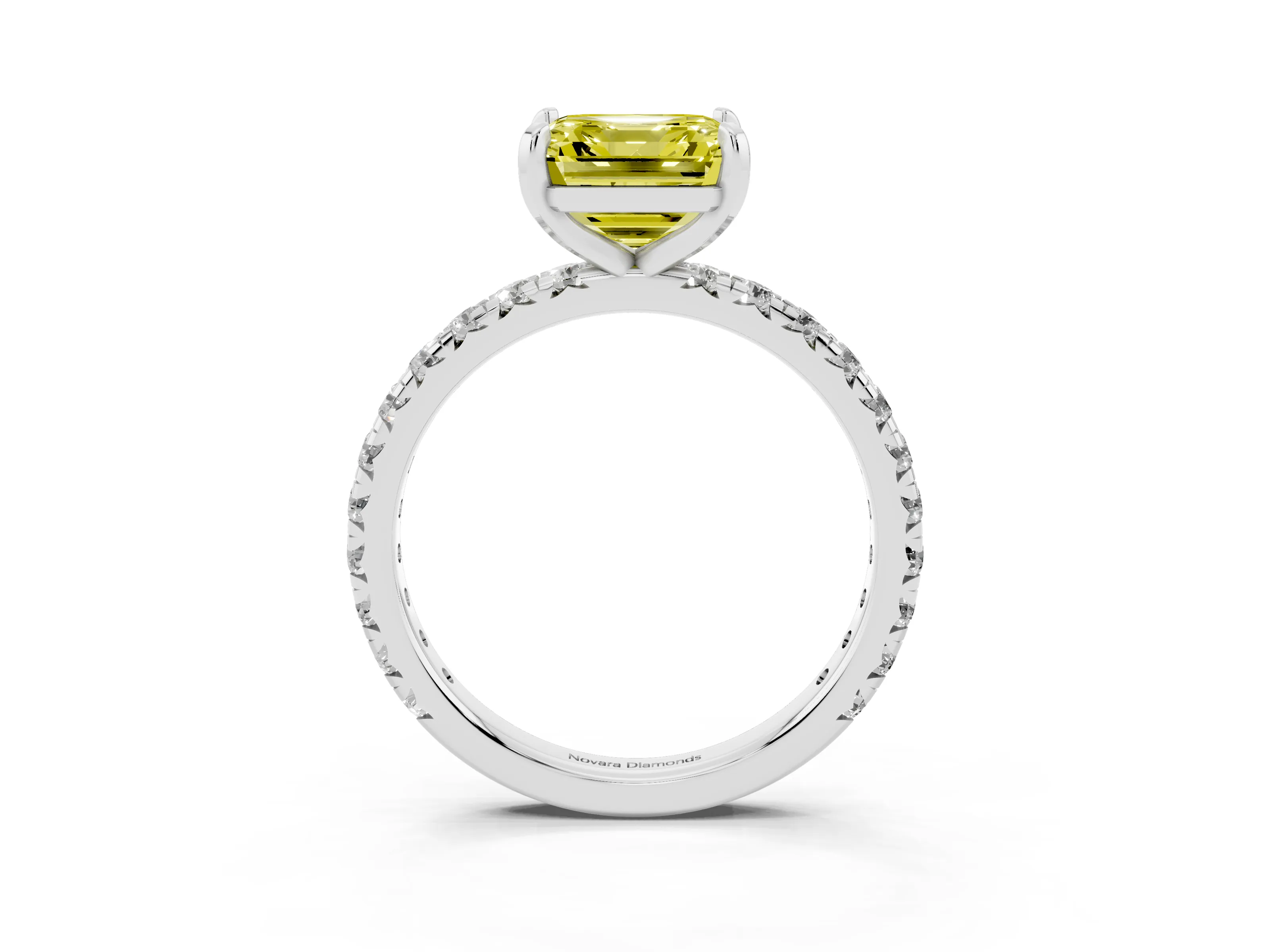 Fancy Yellow Asscher Cut Diamond Pavé Solitaire Ring Set in White gold with Round Band and Prong Setting