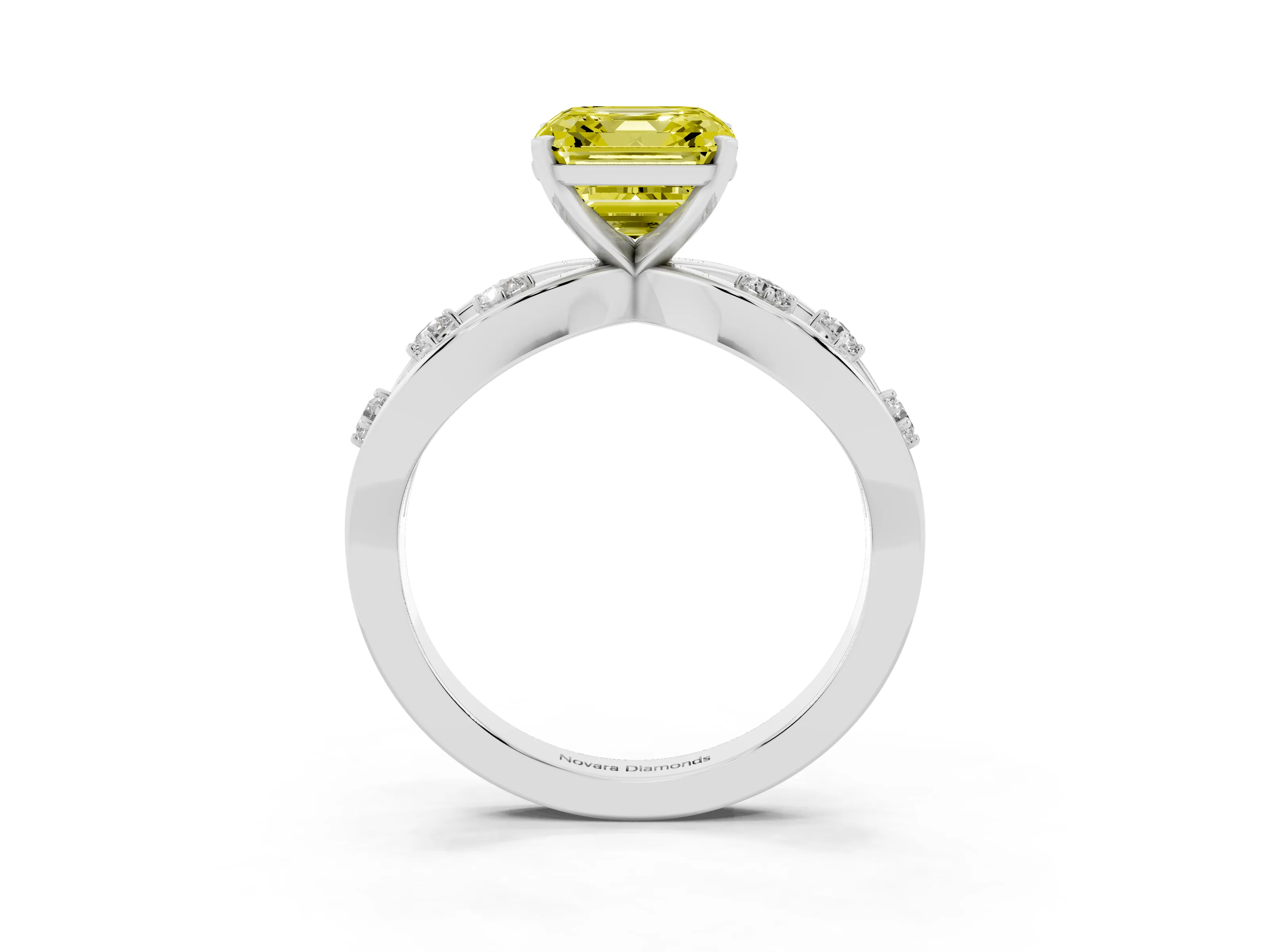 Fancy Yellow Asscher Cut Diamond Solitaire Ring Set in Silver with Side Stones on Criss-Cross Band and Prong Setting