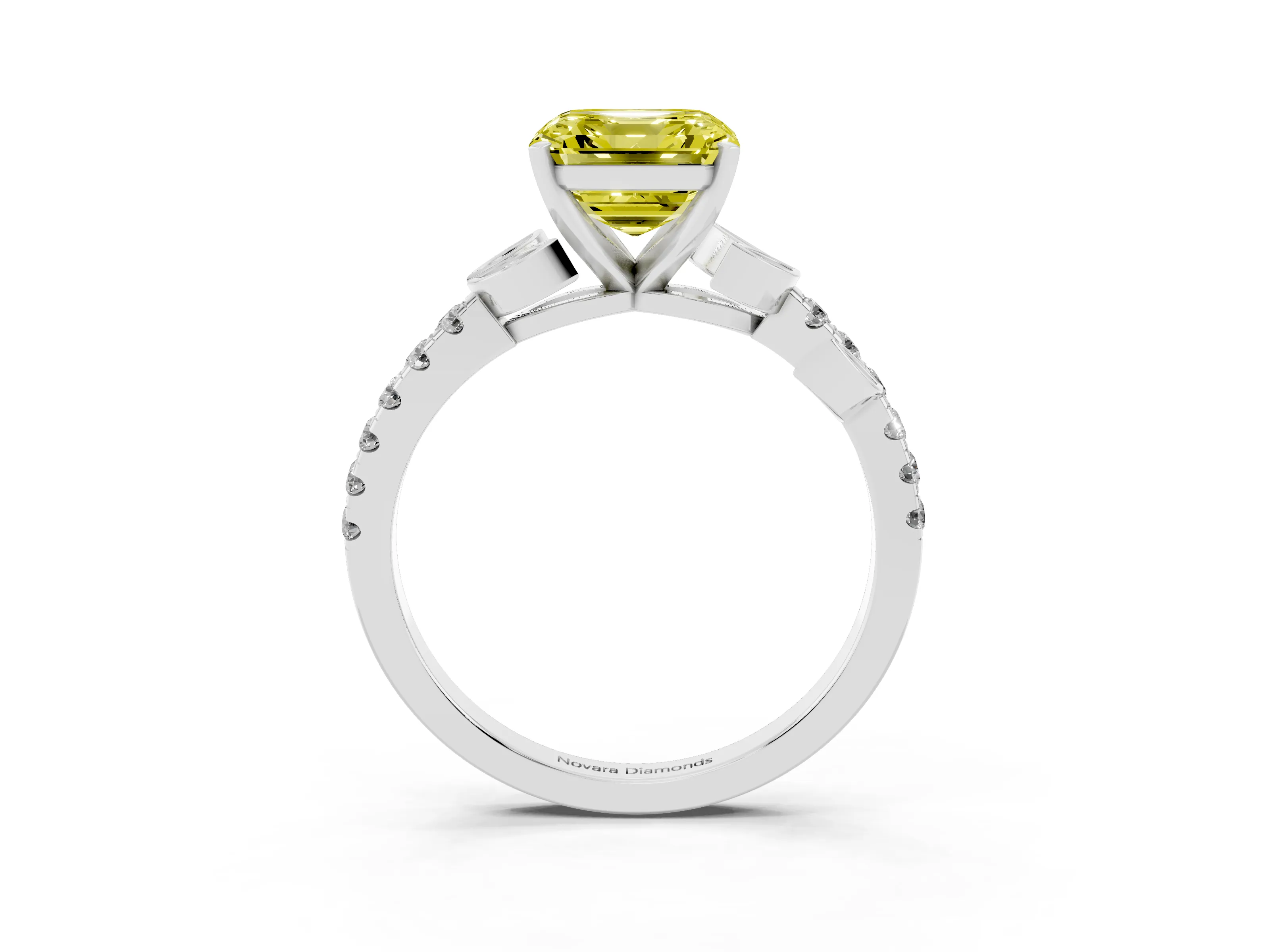 Fancy Yellow Asscher Cut Diamond Solitaire Leaf-Inspired Ring Set in Silver with Pavé Band and Prong Setting