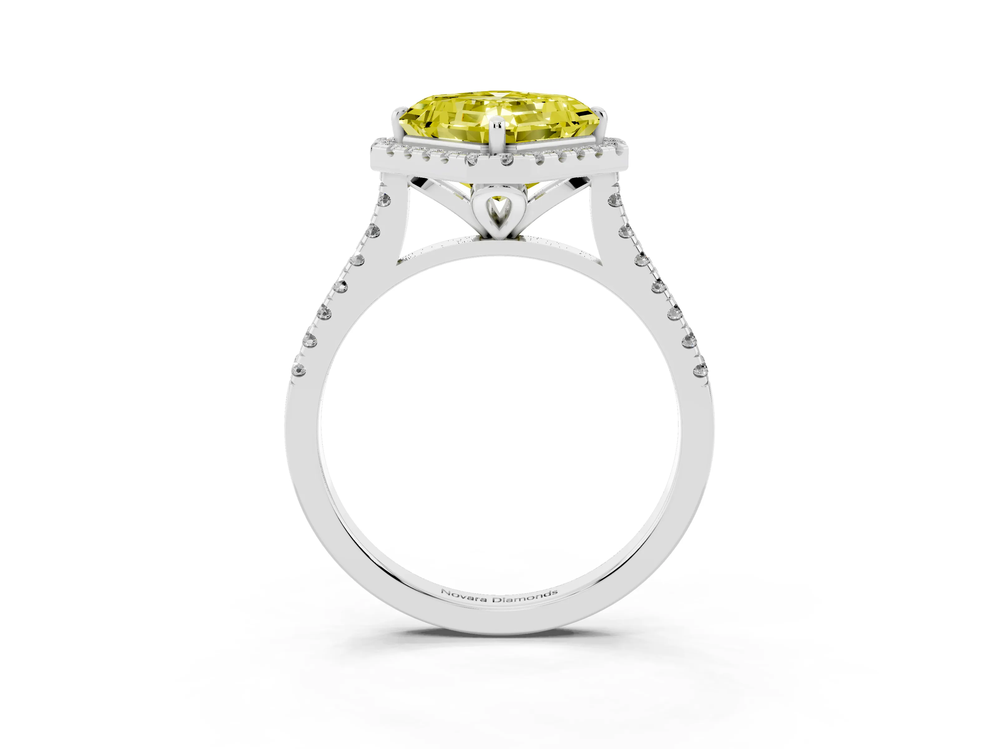 Fancy Yellow Asscher Cut Diamond Cushion Halo Ring Set in Platinum with Pavé Band