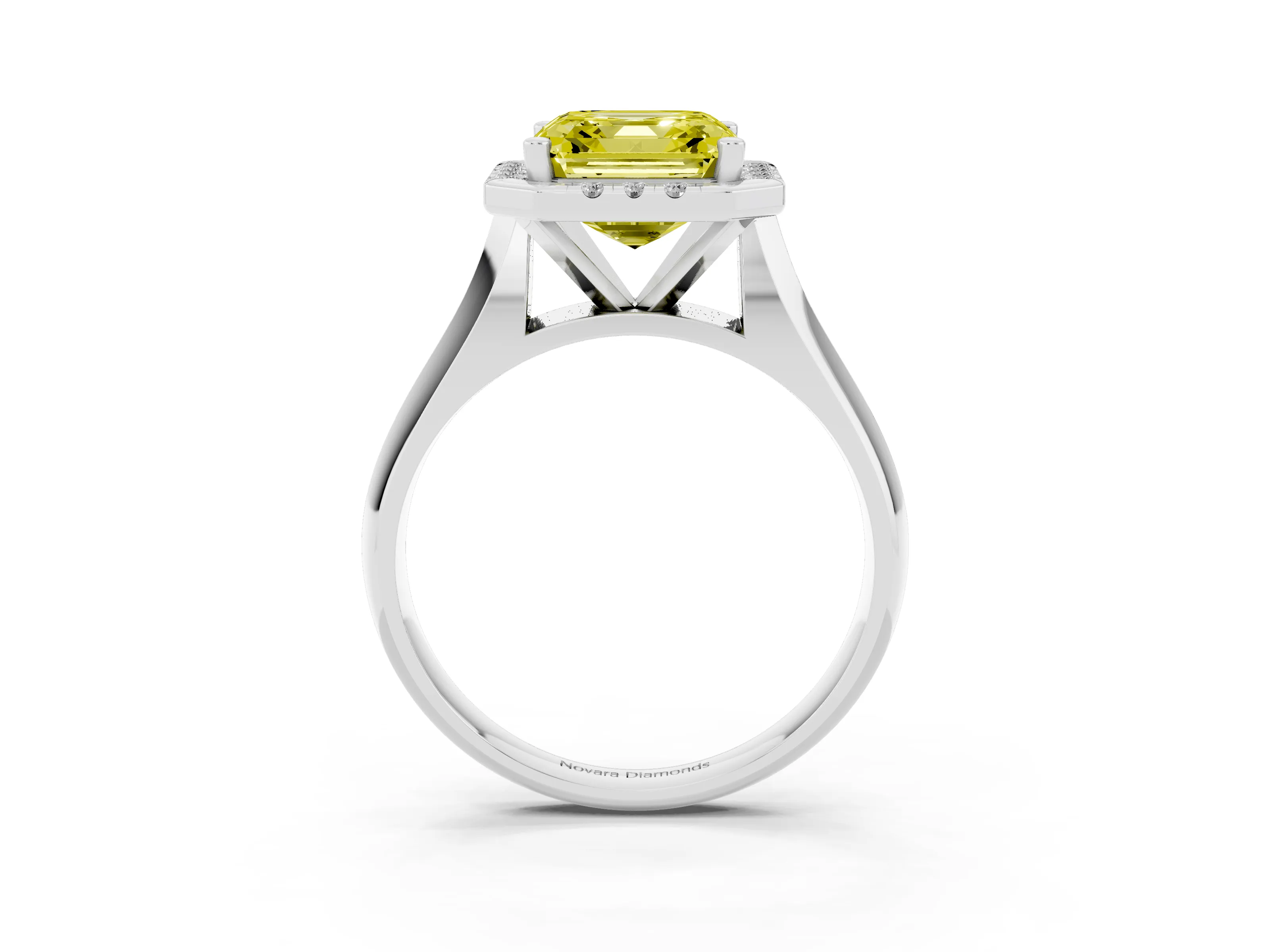 Fancy Yellow Asscher Cut Diamond Halo Solitaire Engagement Ring Set in White gold with Square Band and Prong Setting