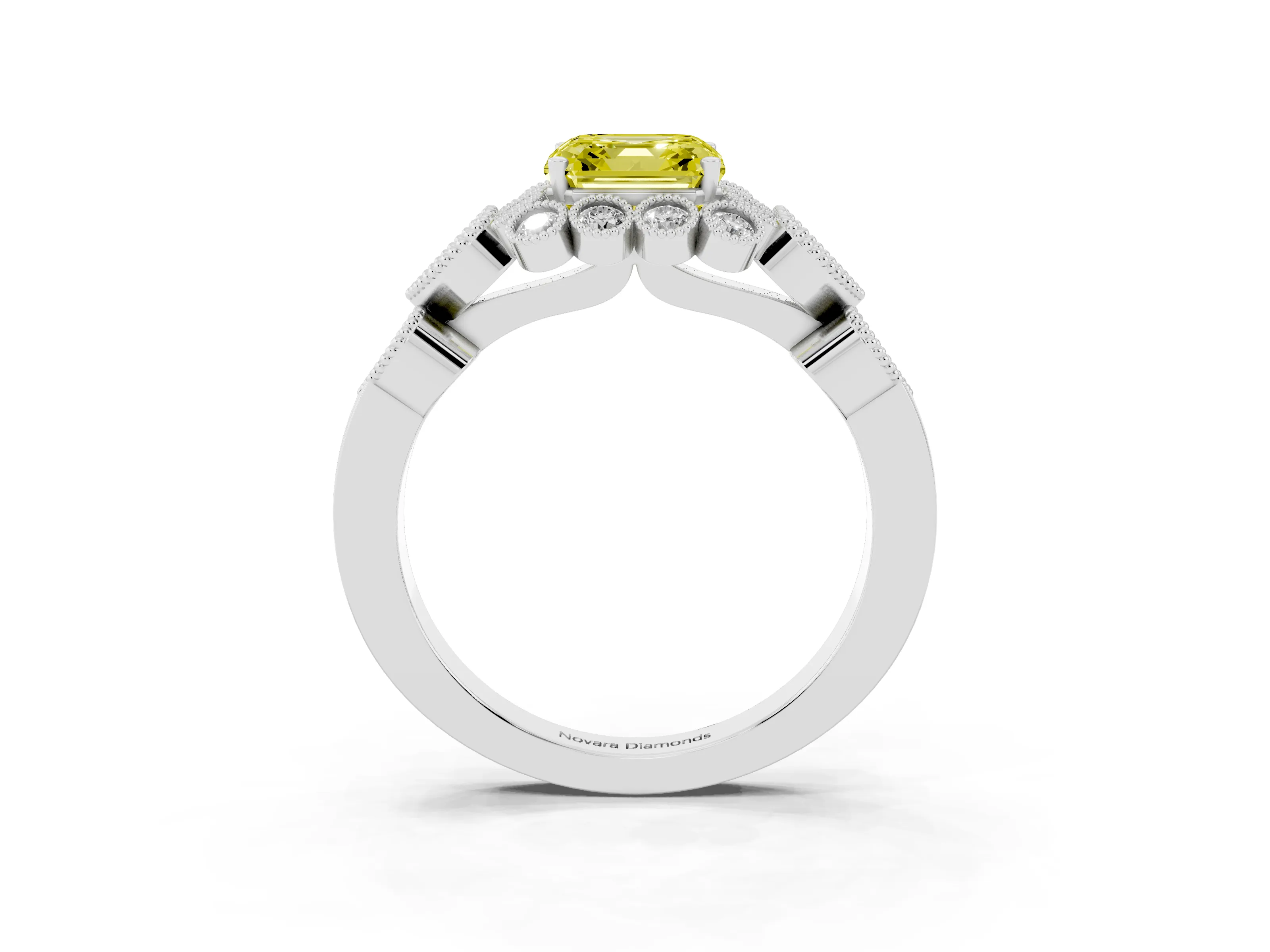 Fancy Yellow Asscher Cut Diamond Solitaire Ring Set in White gold with Milgrain Pavé Heart Band