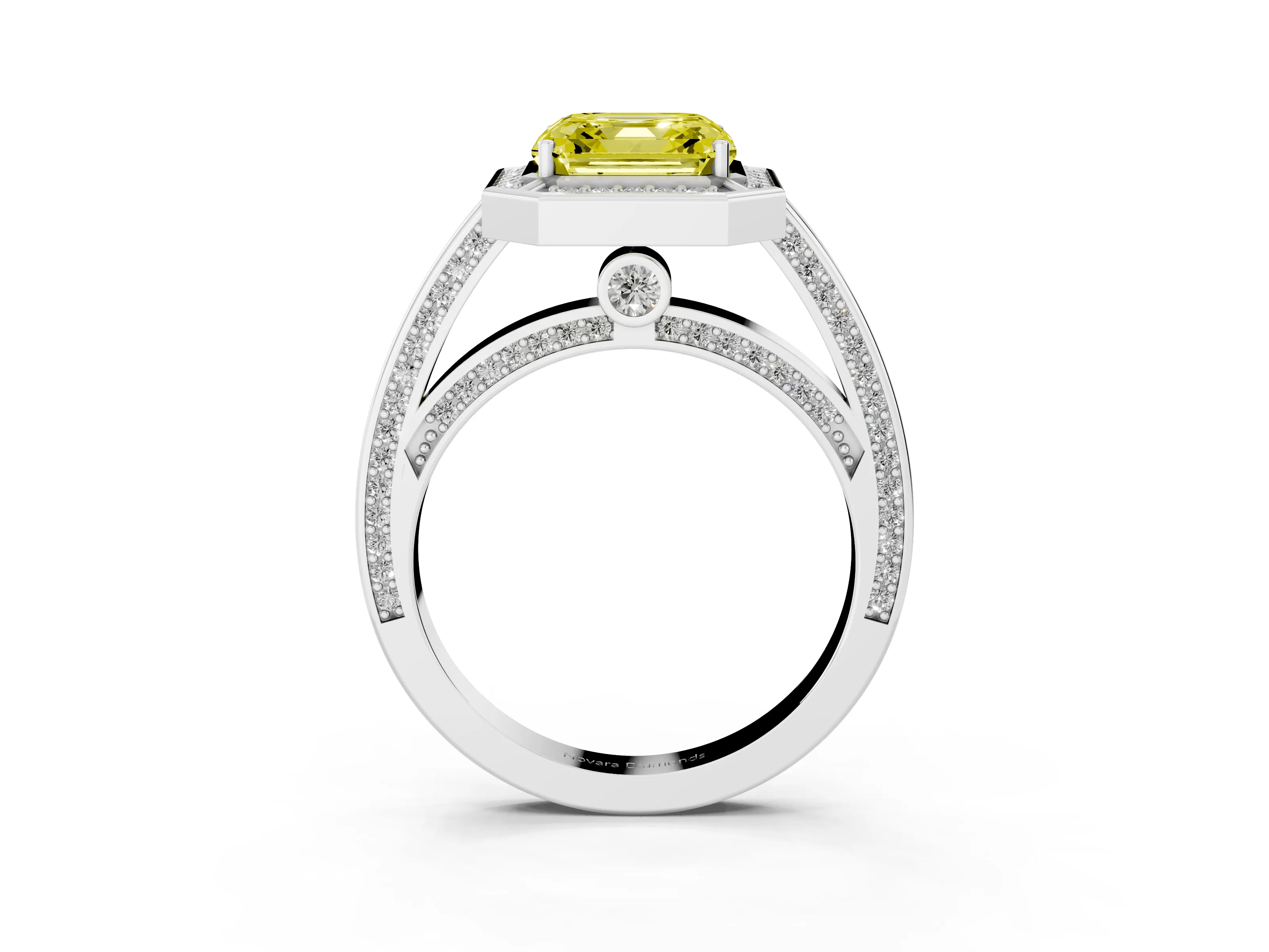 Fancy Yellow Asscher Cut Diamond Halo Pavé Split Shank Ring Set in White gold with Prong Setting