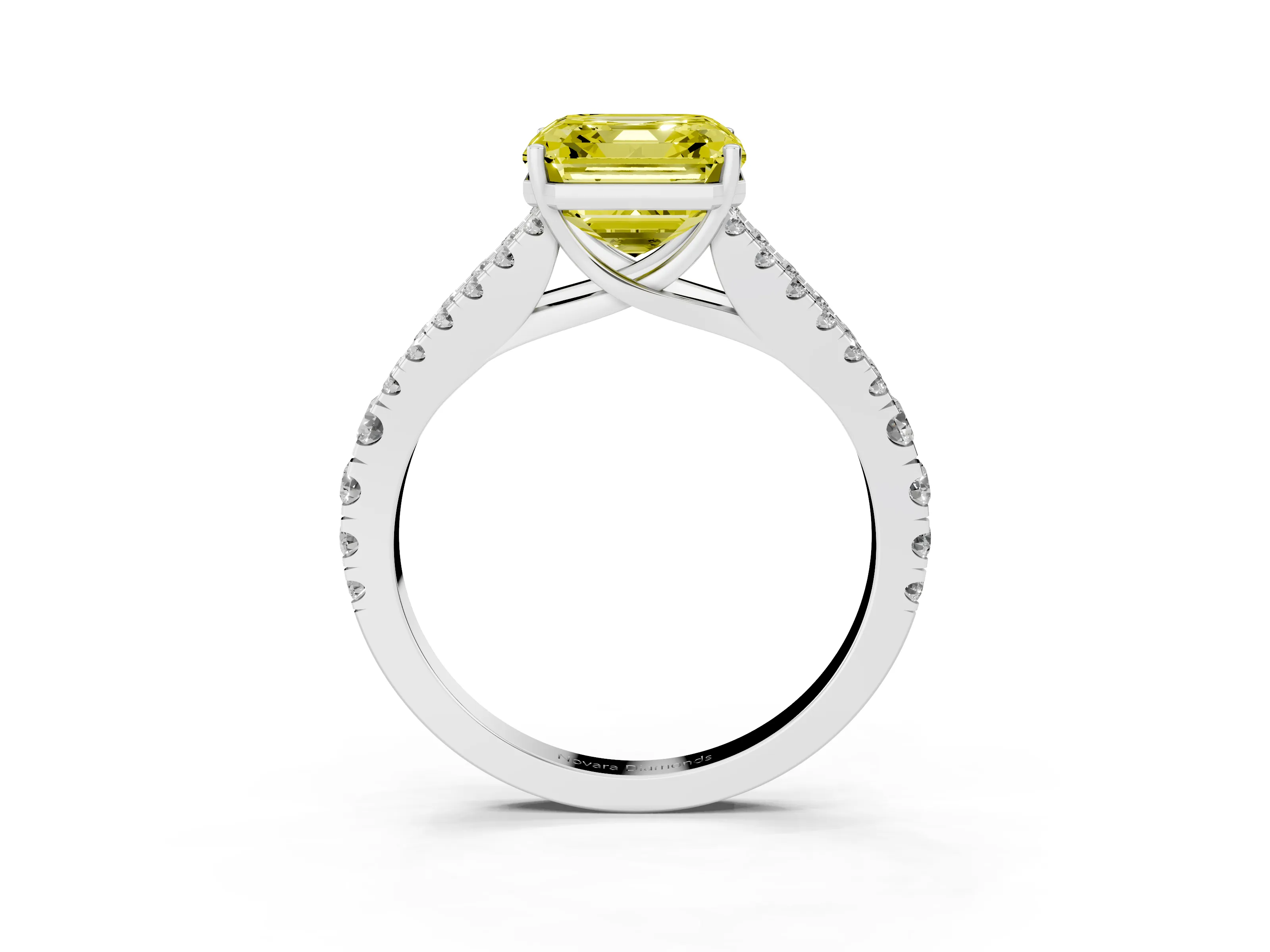 Fancy Yellow Asscher Cut Diamond Split Shank Engagement Ring Set in White gold with Round Pavé and Prong Setting