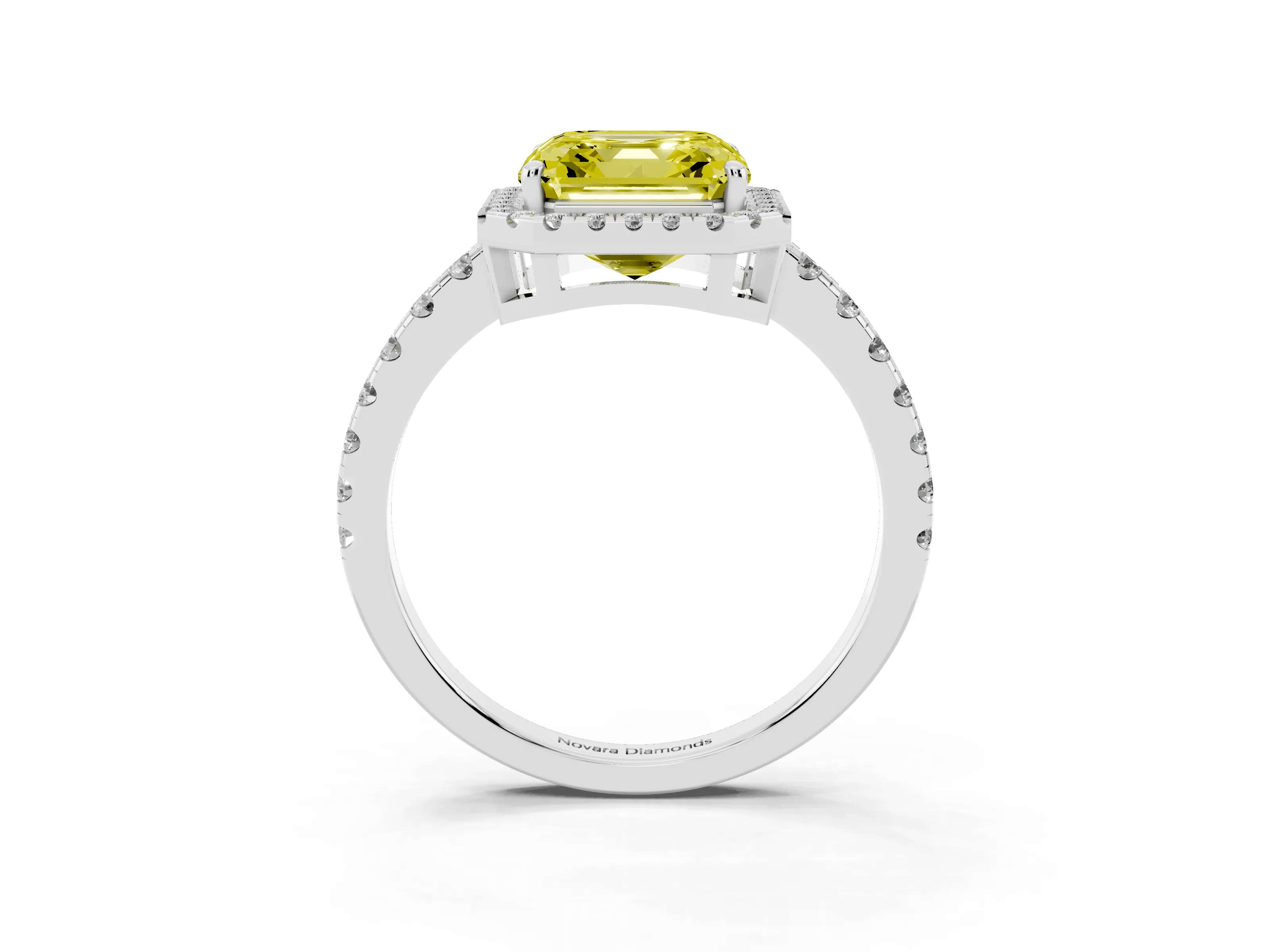 Fancy Yellow Asscher Cut Diamond Halo Ring Set in Platinum with Delicate Pavé Band and Prong Setting