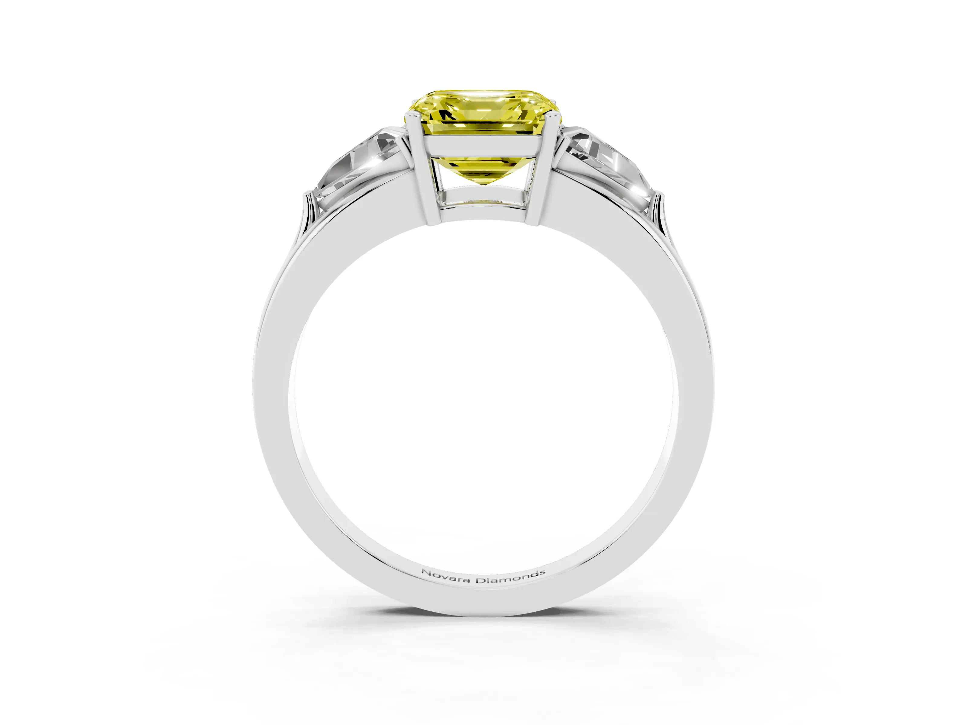 Fancy Yellow Asscher Cut Diamond Three-Stone Ring Set in Platinum with Trillion Side Stones and Split Shank