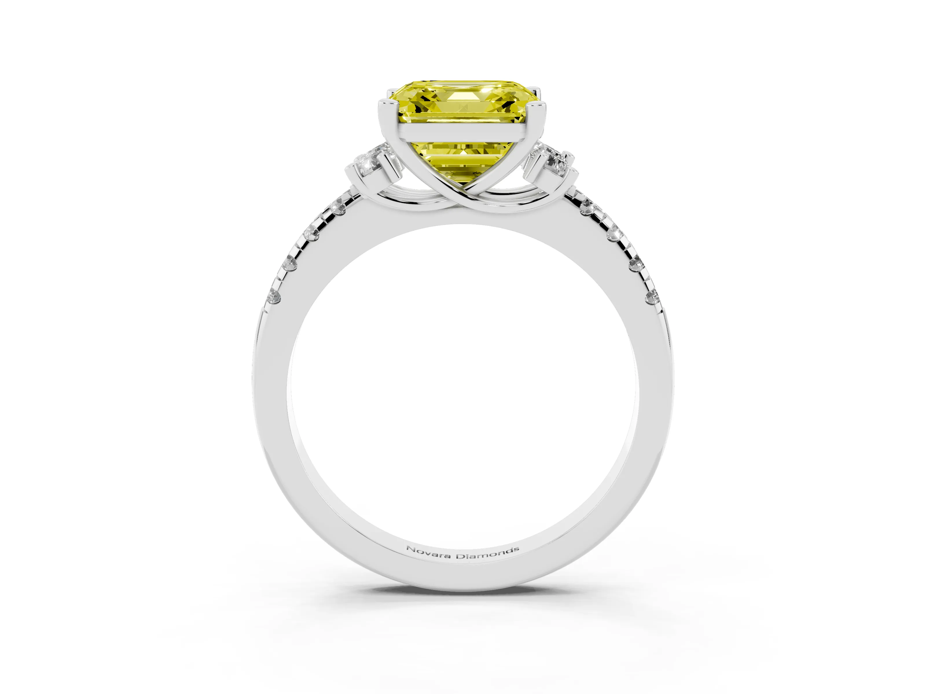 Fancy Yellow Asscher Cut Diamond Three-Stone Pavé Ring Set in White gold with Prong Setting
