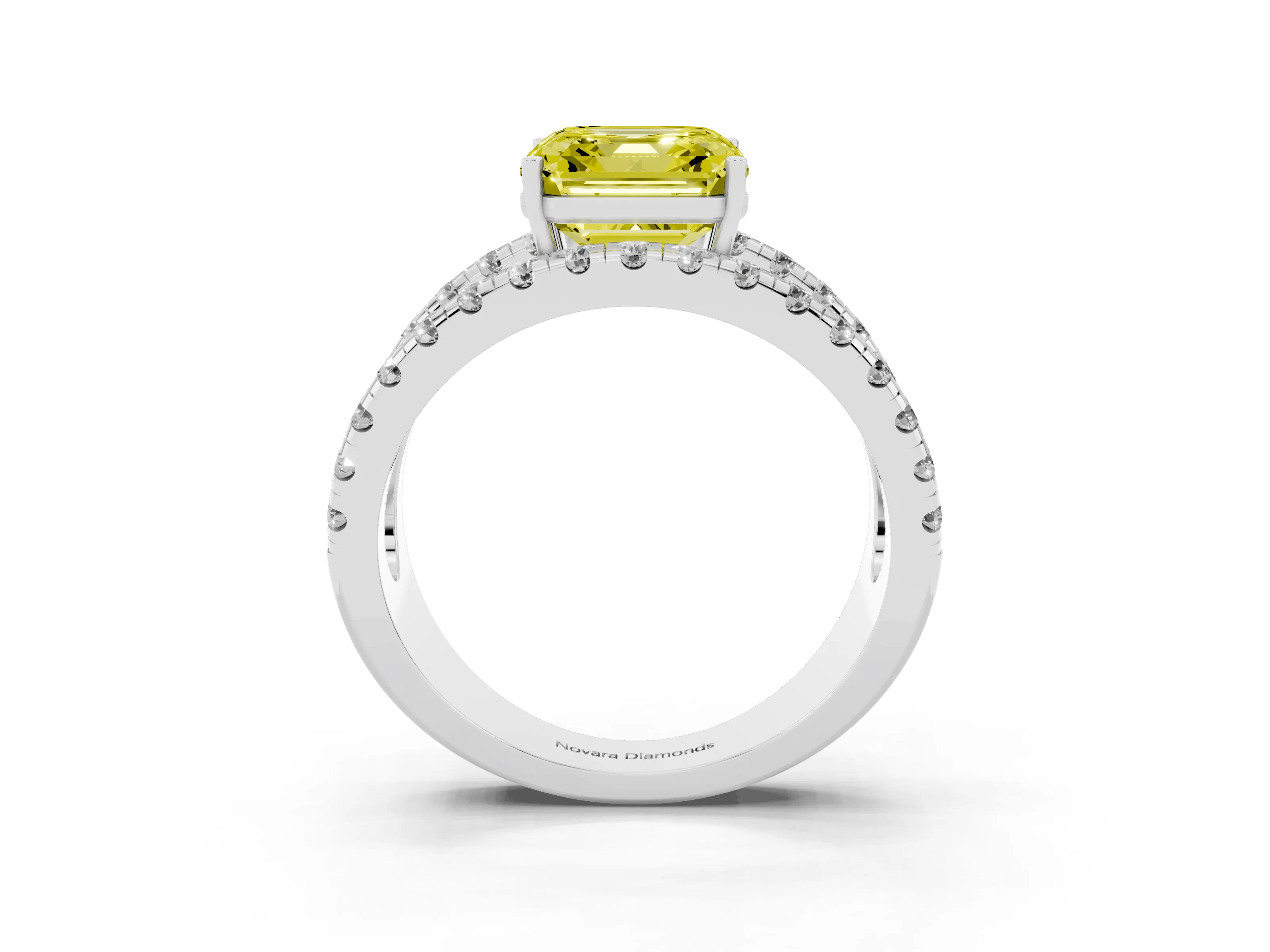 Fancy Yellow Asscher Cut Diamond Split Shank Pavé Solitaire Ring Set in Platinum with Open Shank Design