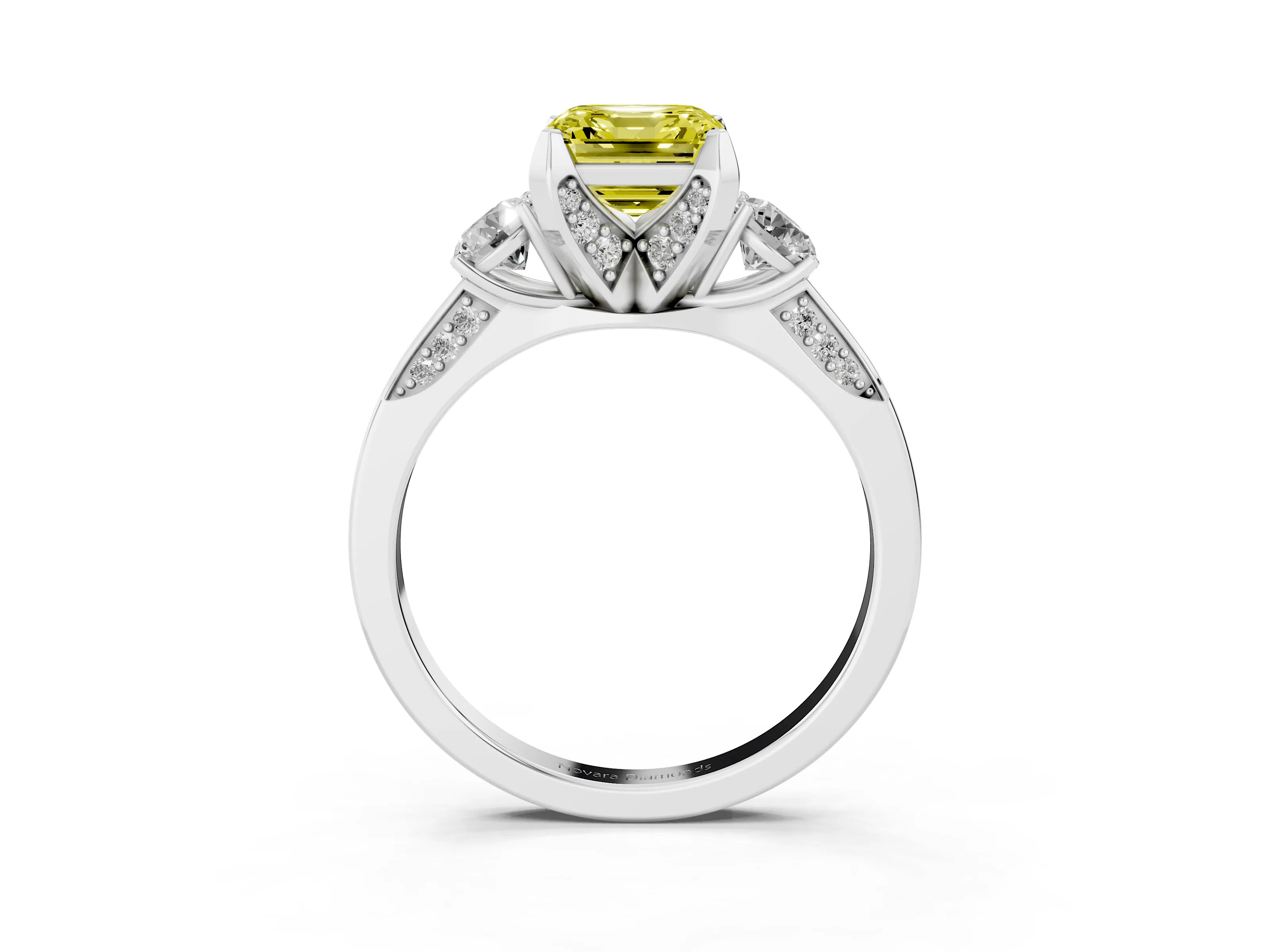 Fancy Yellow Asscher Cut Diamond Three-Stone Ring Set in Silver with Pavé Band and Smaller Side Stones