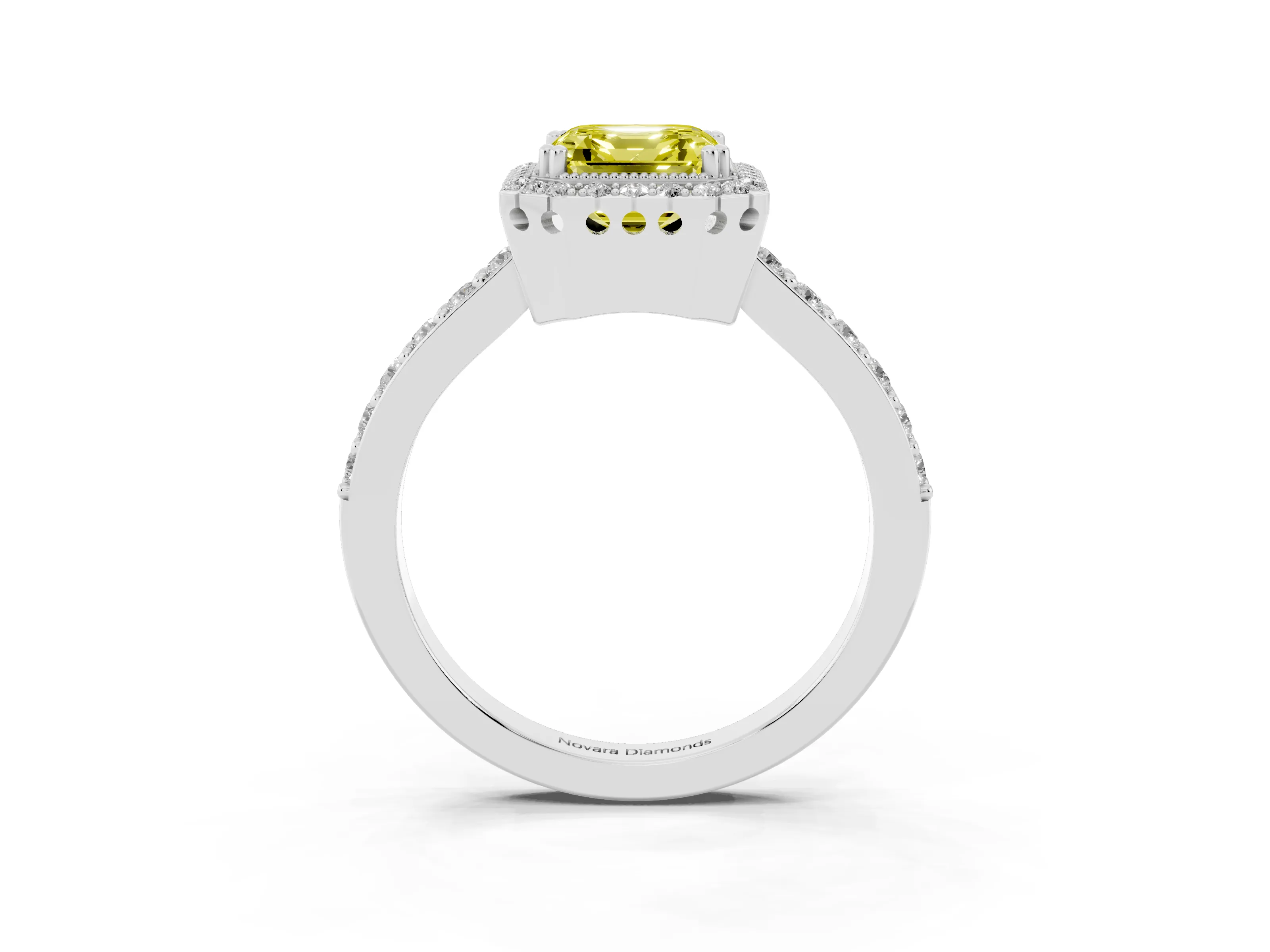 Fancy Yellow Asscher Cut Diamond Halo Engagement Ring Set in White gold with Milgrain Detail and Pavé Band