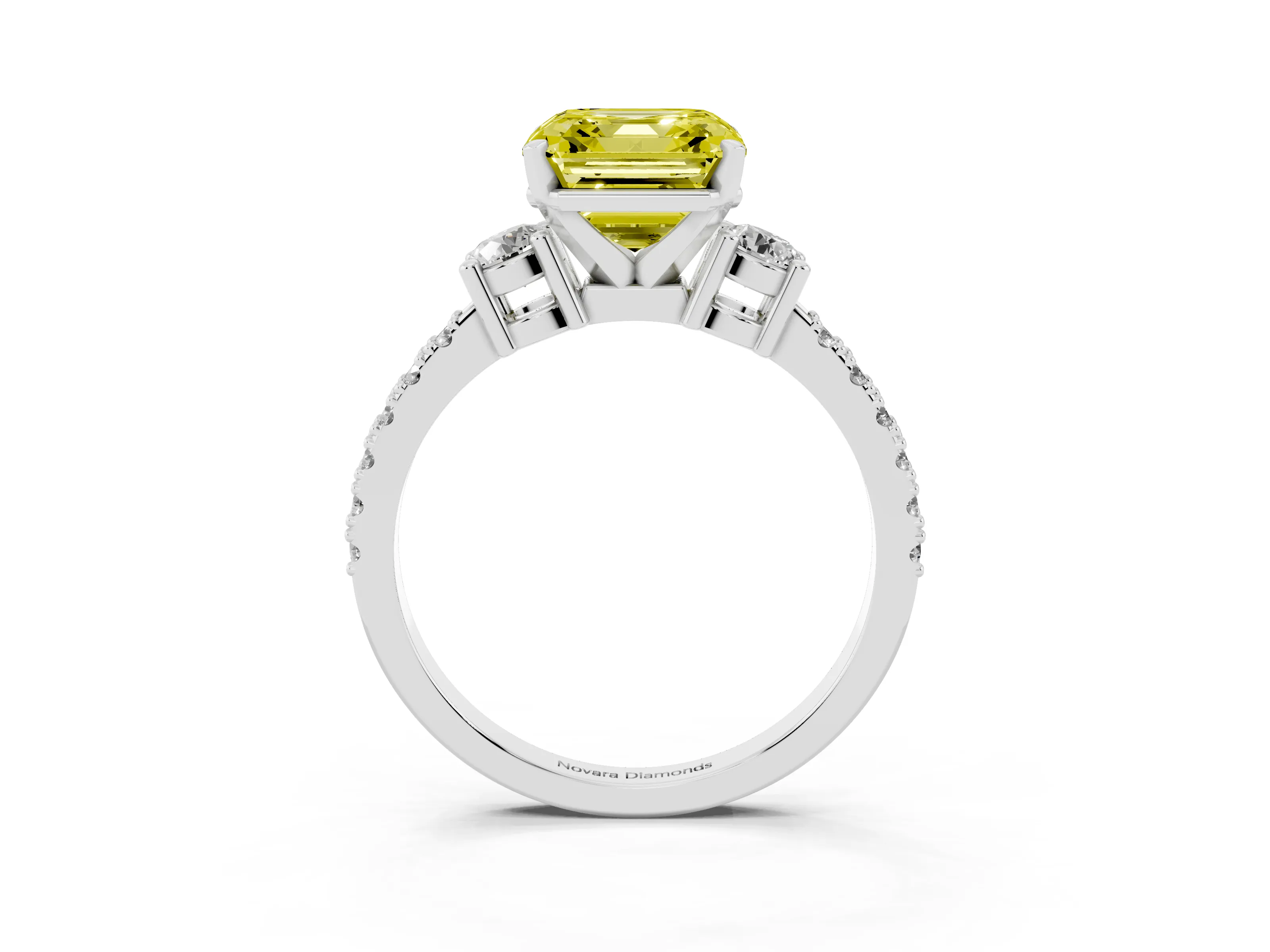 Fancy Yellow Three-Stone Asscher Cut Diamond Pavé Band Ring Set in Silver with Prong Setting