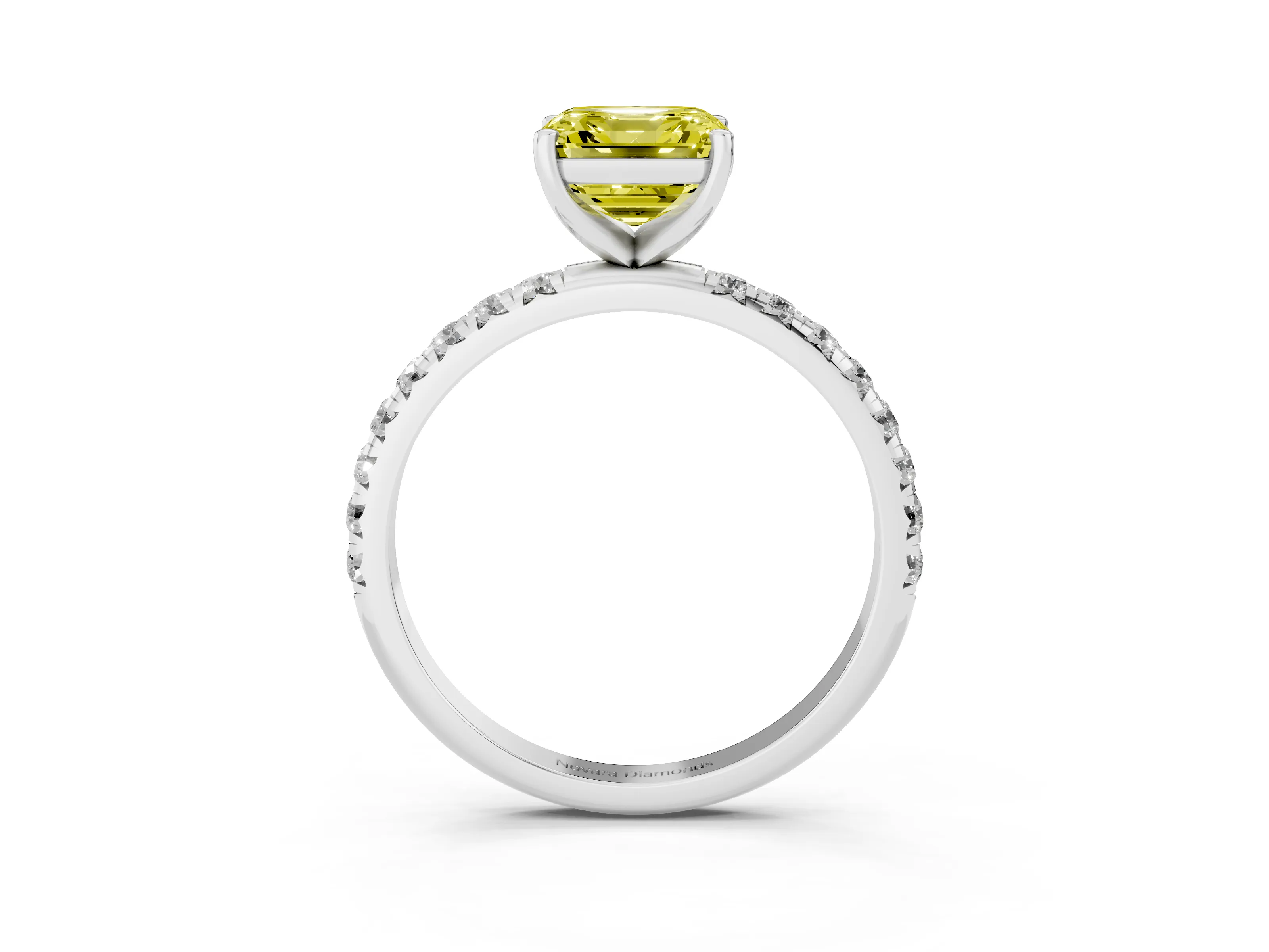 Fancy Yellow Asscher Cut Diamond Solitaire Ring Set in Silver with Micro Pavé Band and Prong Setting