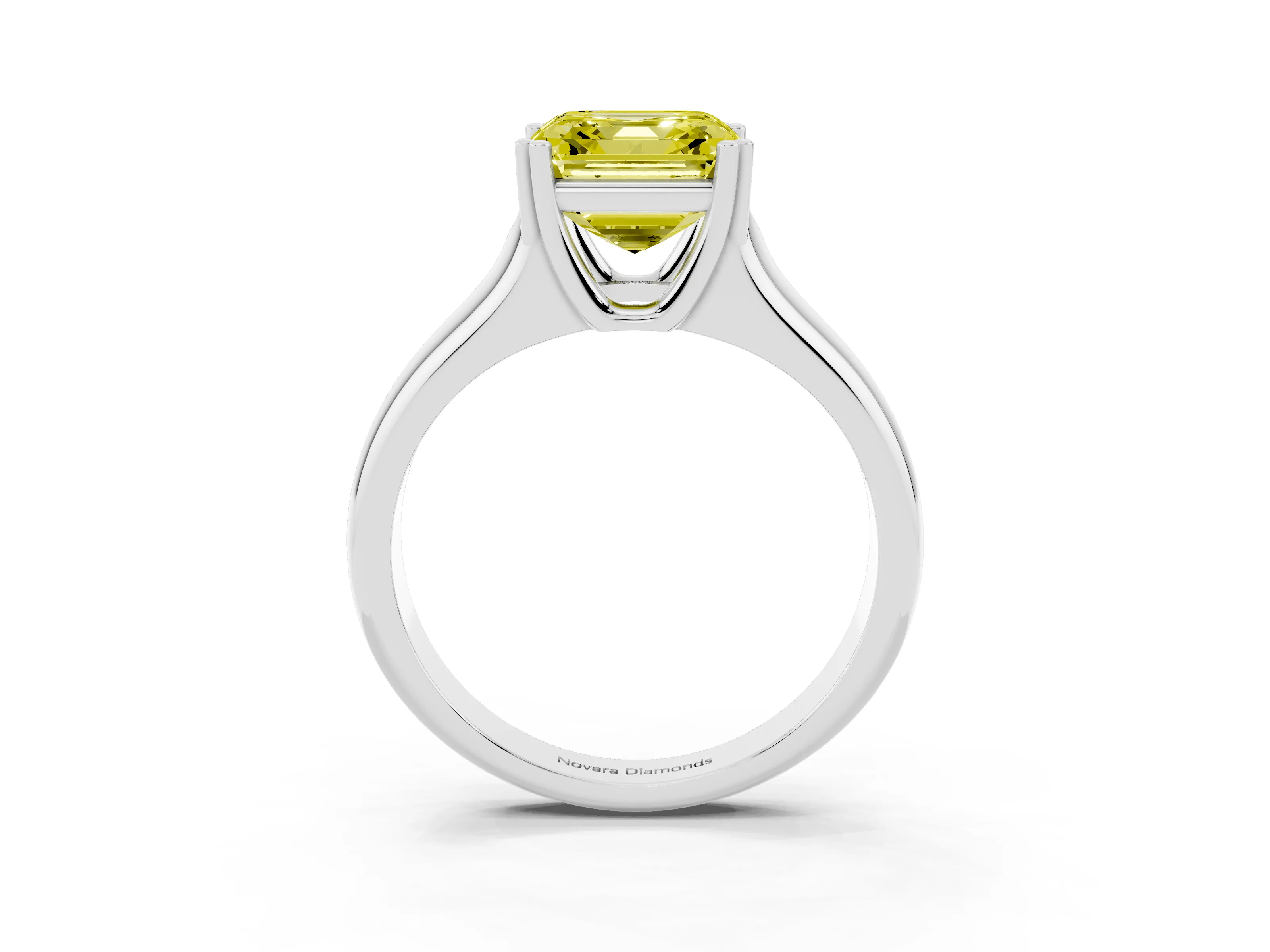 Fancy Yellow Asscher Cut Diamond Solitaire Ring Set in Platinum with Wide Band and Prong Setting