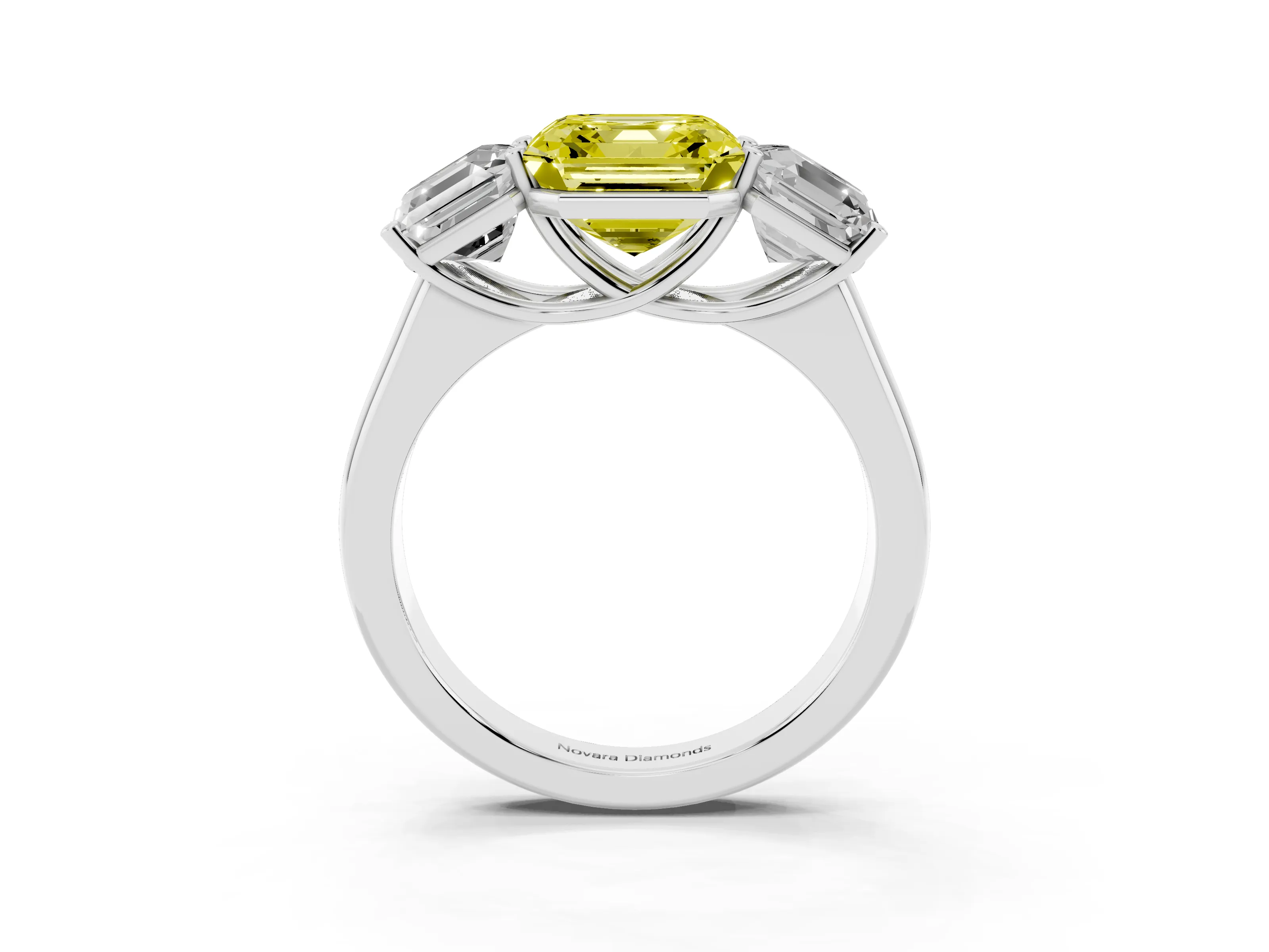 Fancy Yellow Asscher Cut Diamond Three-Stone Ring Set in White gold with Plain Polished Band