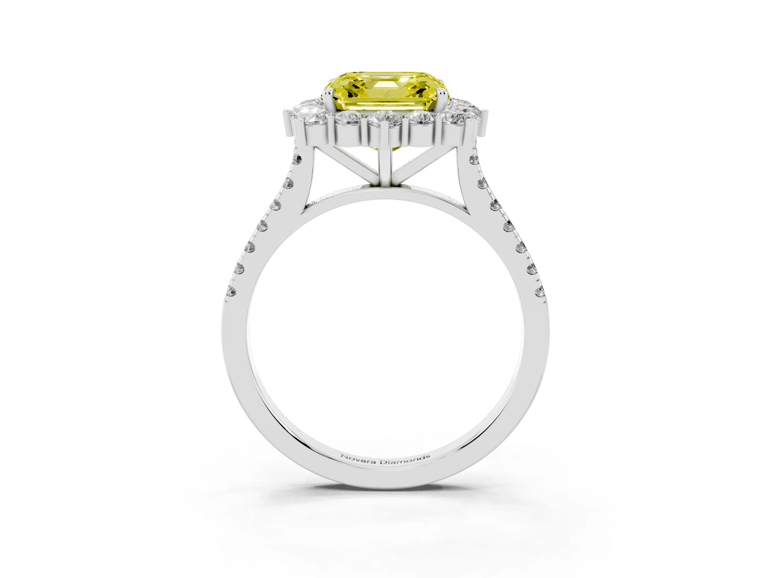 Fancy Yellow Asscher Cut Diamond Halo Ring Set in Platinum with Pavé Band and Prong Setting