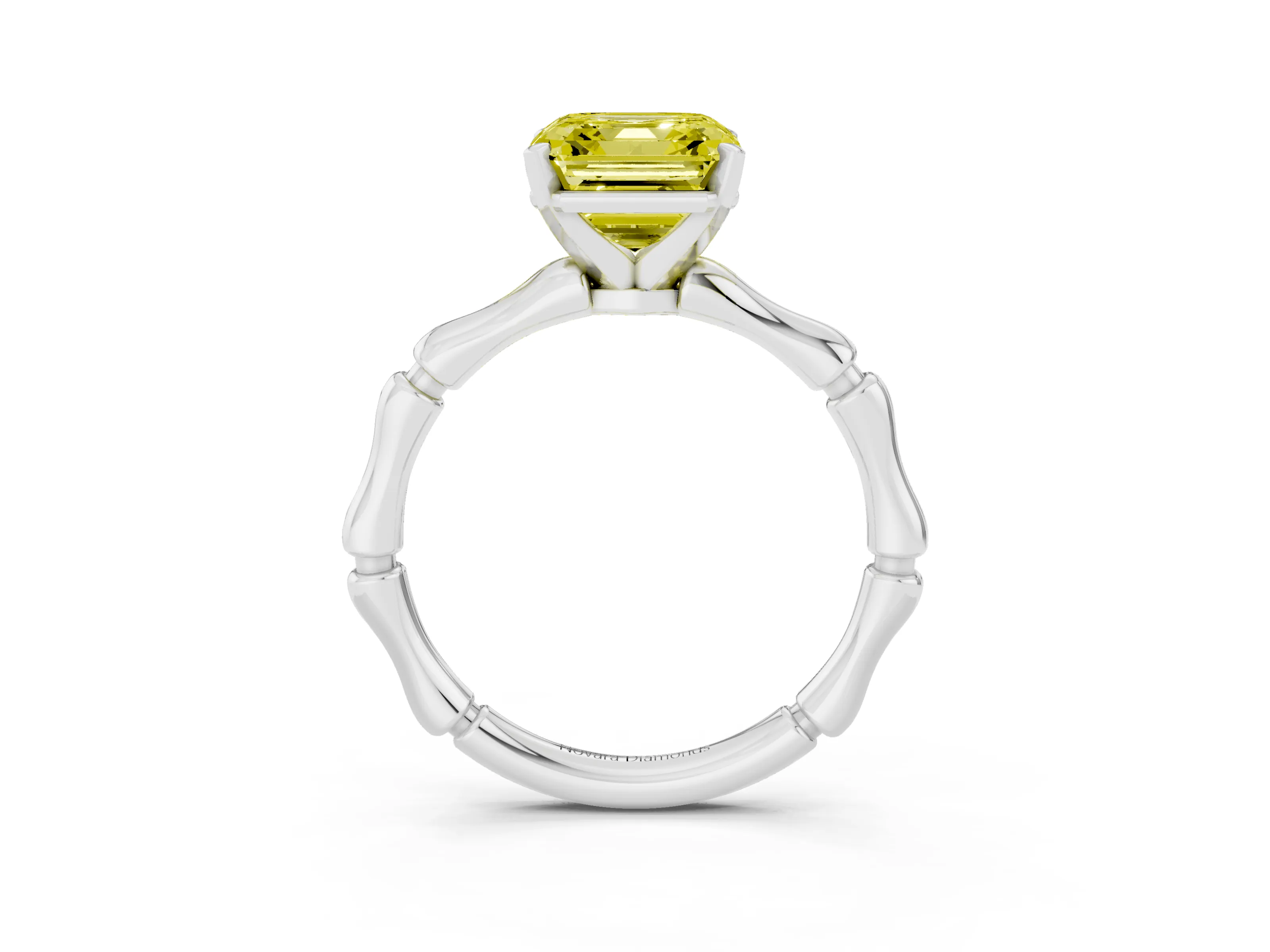 Fancy Yellow Asscher Cut Diamond Solitaire Ring Set in Platinum with Bamboo Band and Prong Setting