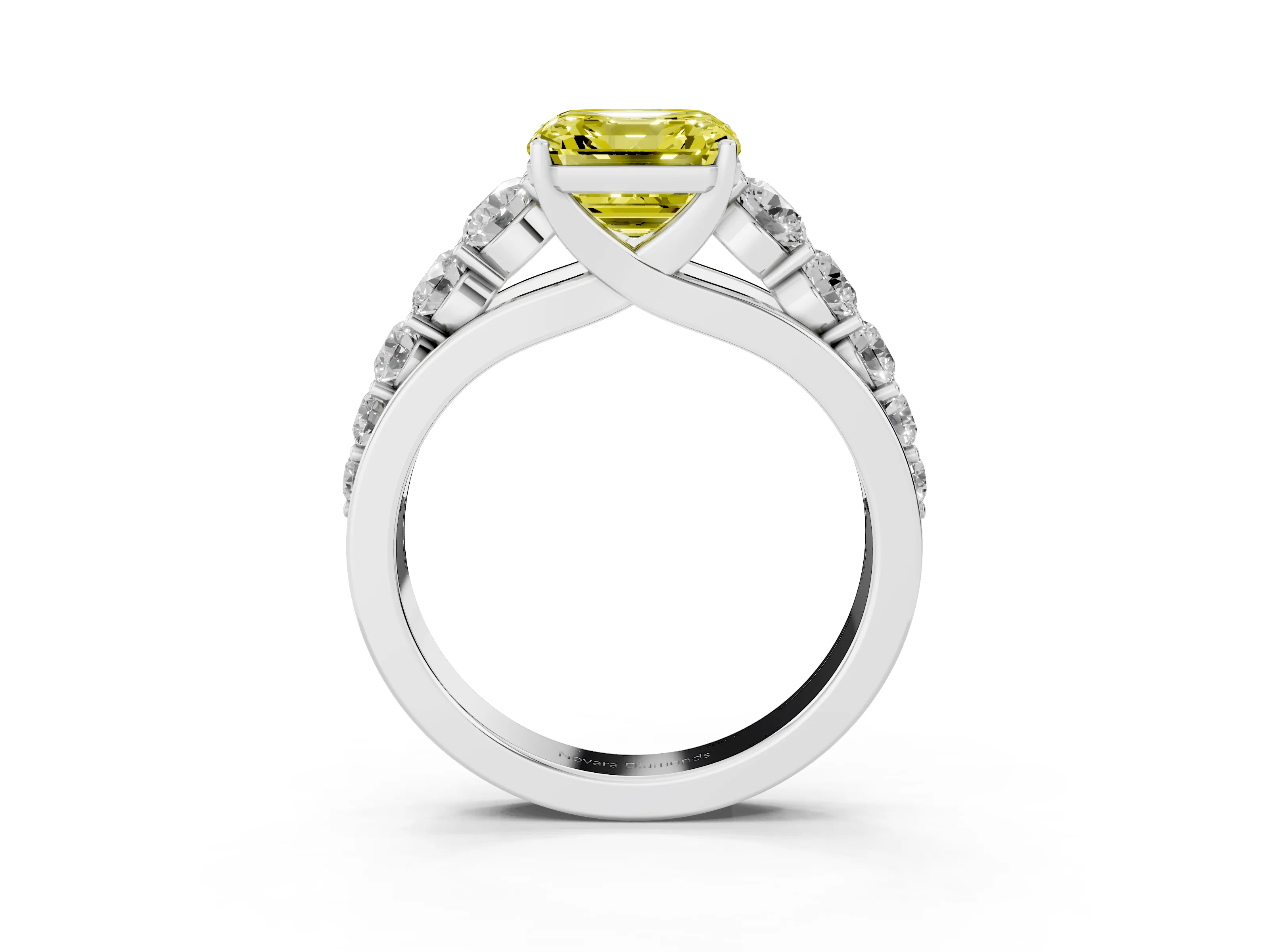 Fancy Yellow Asscher Cut Diamond Solitaire Ring Set in Platinum with Pavé-Set Band and Prong Setting