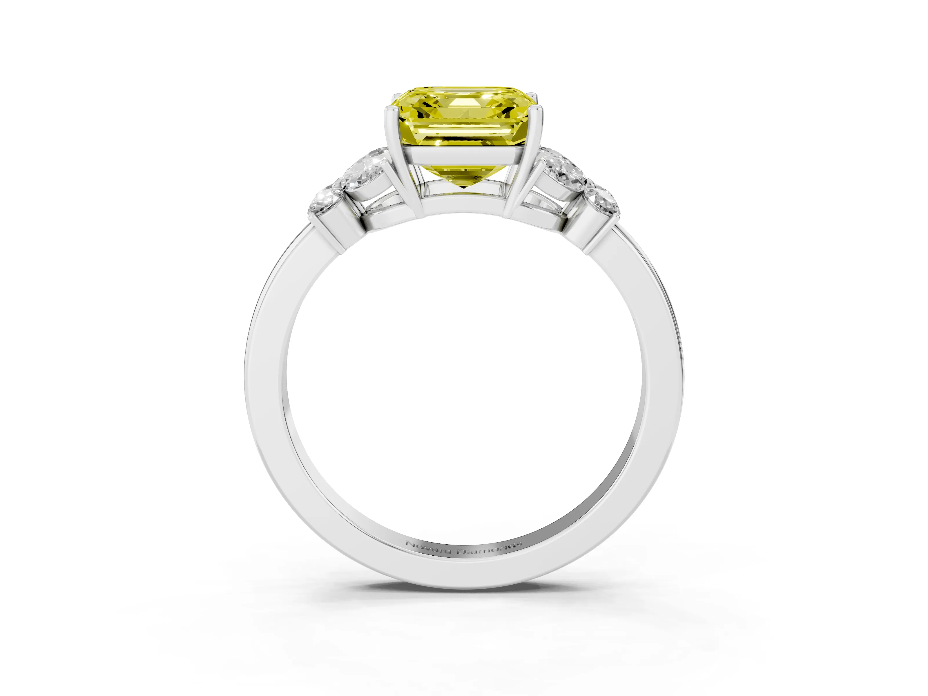 Fancy Yellow Asscher Cut Diamond Solitaire Floral Ring Set in White gold with Marquise Petals and Prong Setting
