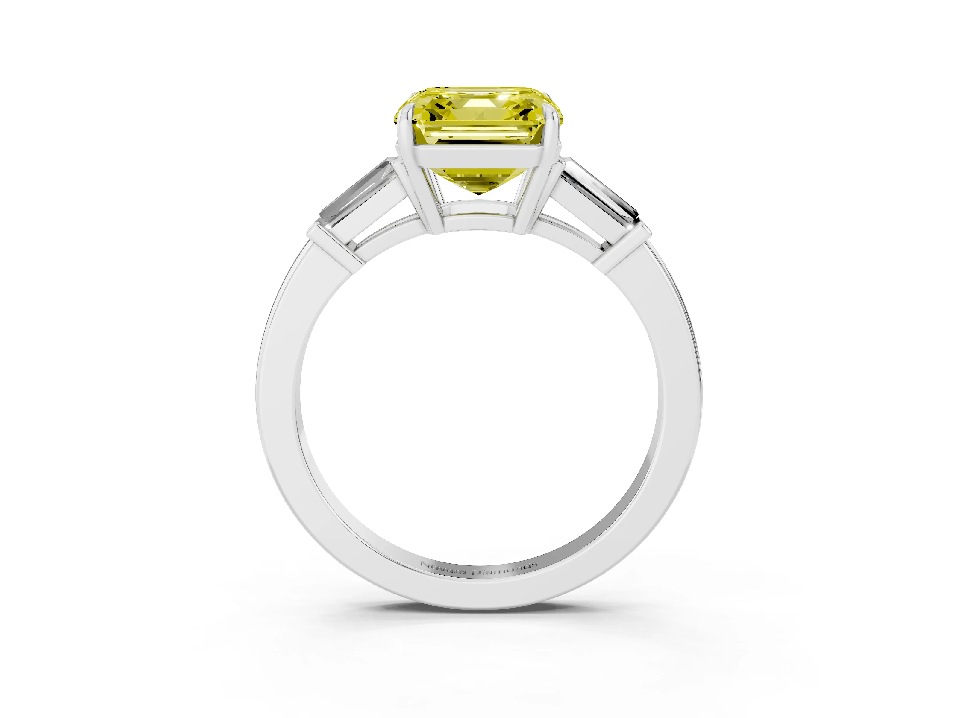 Fancy Yellow Asscher Cut Diamond Three-Stone Ring Set in White gold with Tapered Baguette Side Stones and Prong Setting