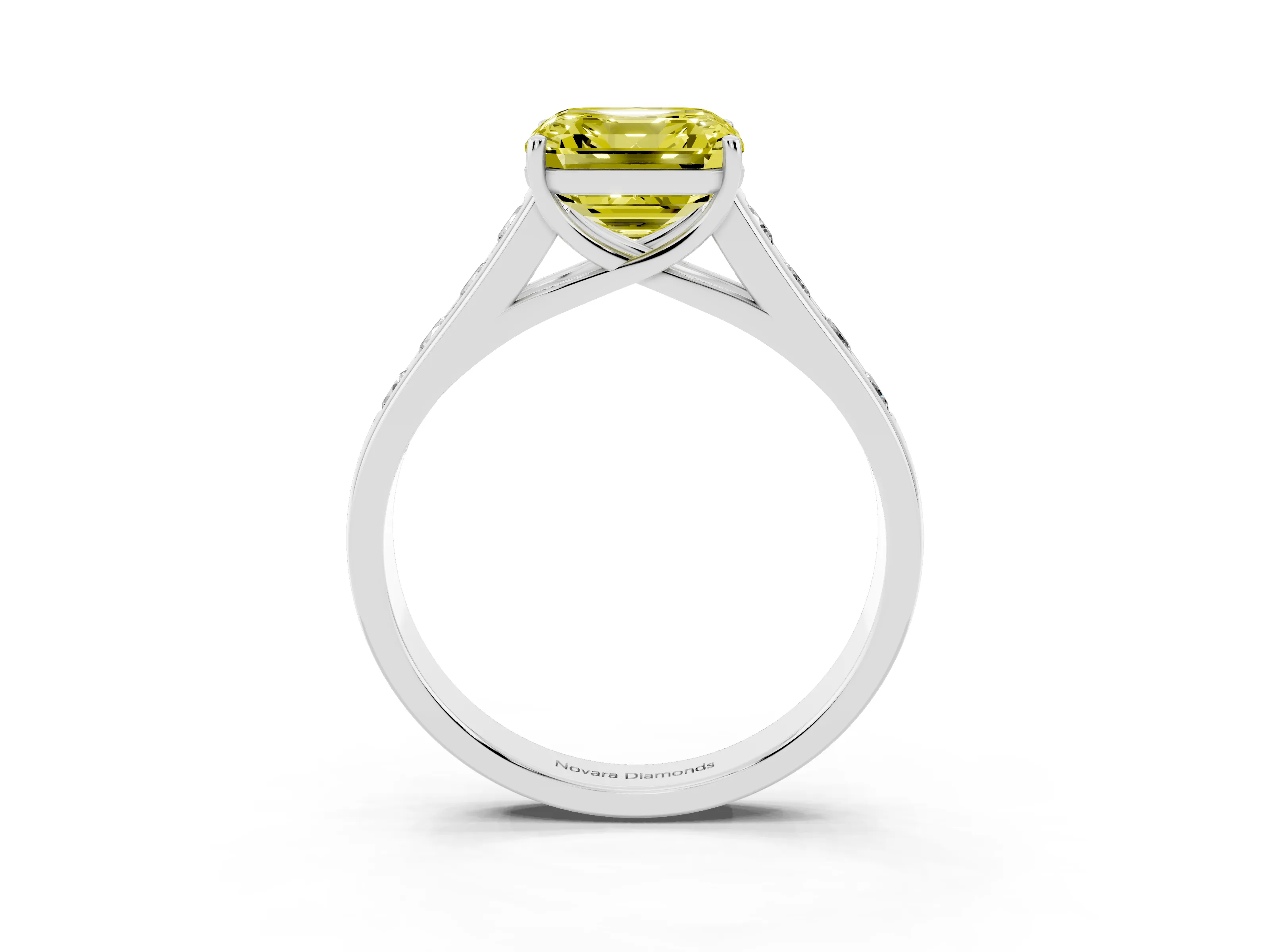 Fancy Yellow Asscher Cut Diamond Brilliant Channel-Set Solitaire Ring Set in White gold with Prong Setting