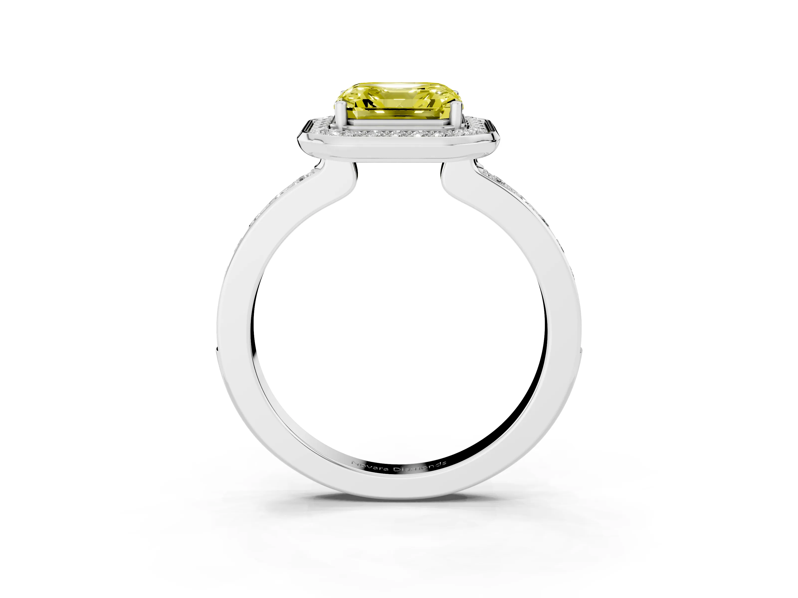 Fancy Yellow Asscher Cut Diamond Halo Ring Set in White gold with Bezel Frame and Pavé Band
