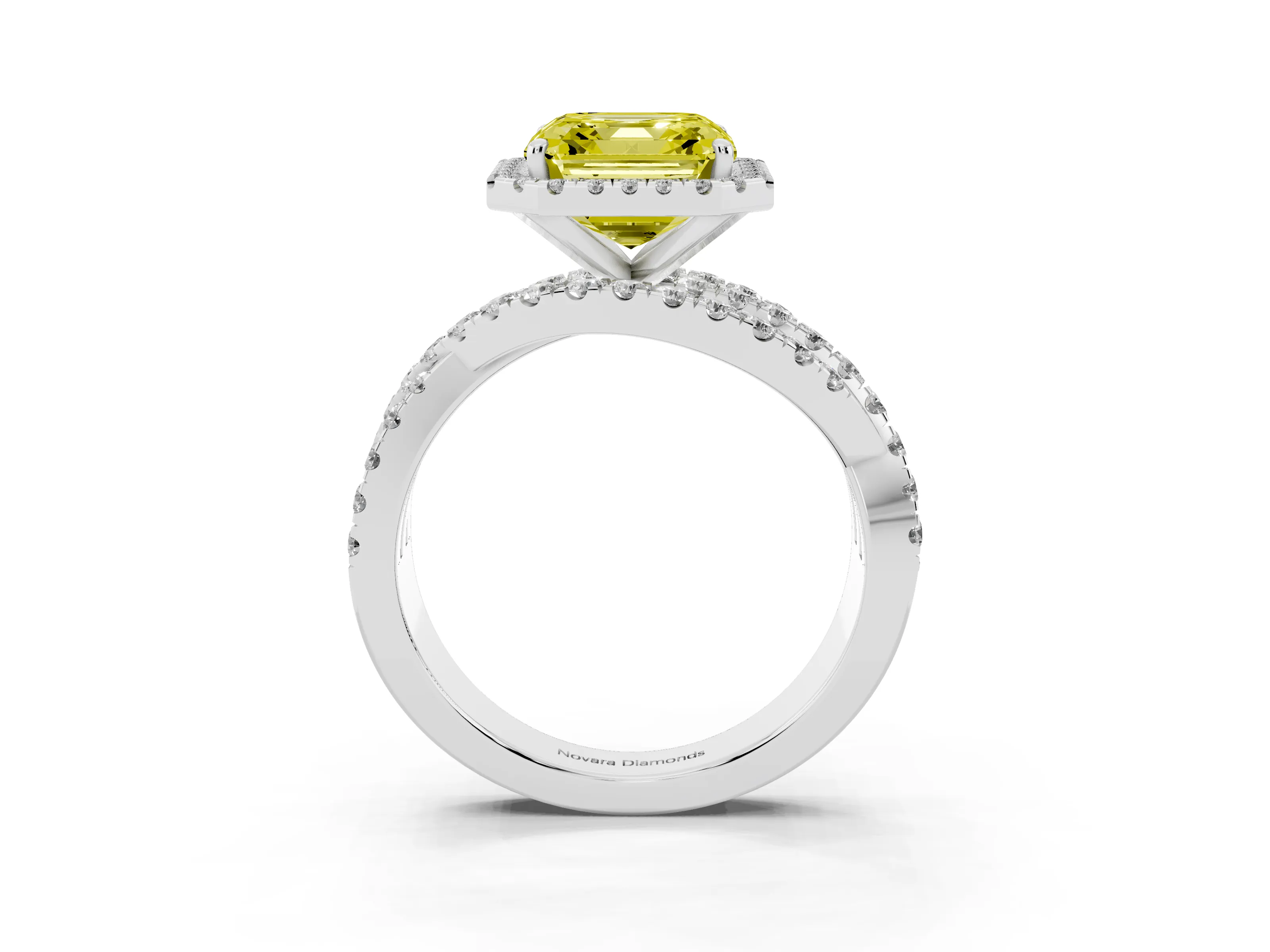 Fancy Yellow Asscher Cut Diamond Halo Ring Set in Platinum with Round Crossover Split Shank and Prong Setting