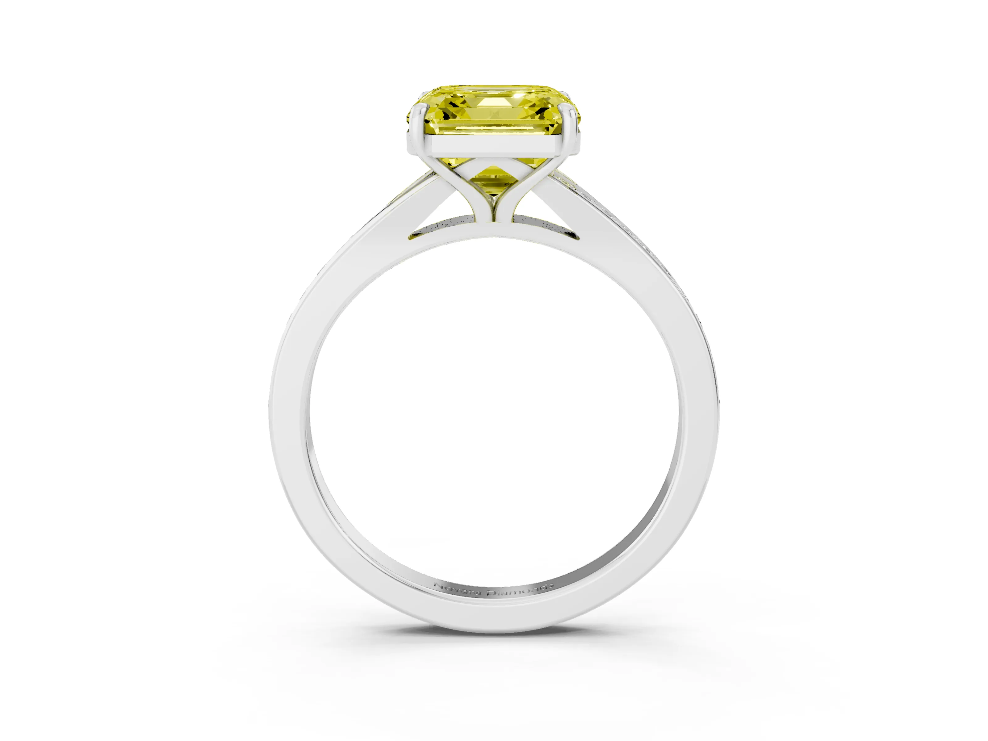 Fancy Yellow Asscher Cut Diamond Solitaire Ring Set in Platinum with Pavé Accent Band and Classic Prong Setting