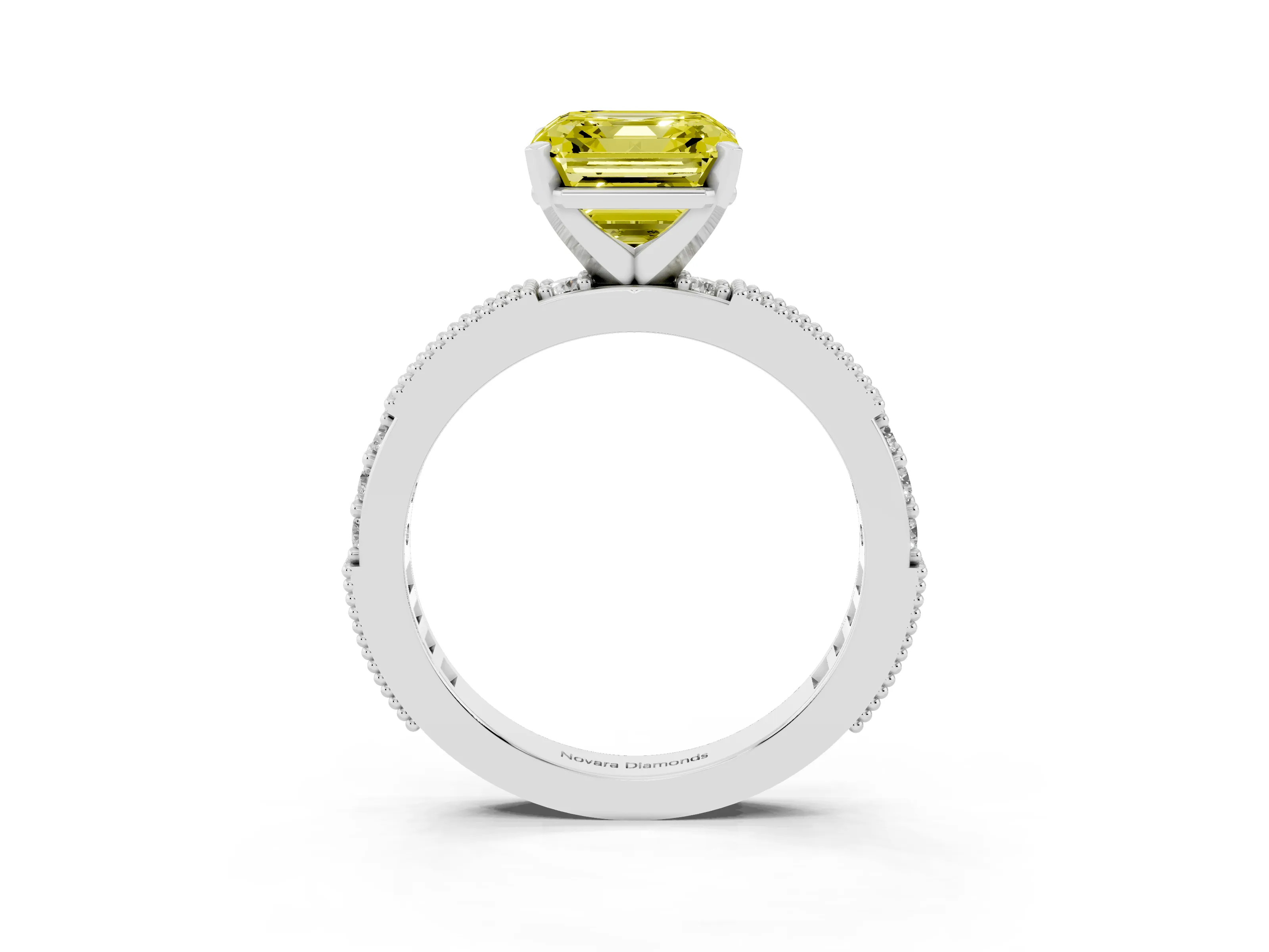 Fancy Yellow Asscher Cut Diamond Solitaire Ring Set in Silver with Slim Pavé Band and Prong Setting