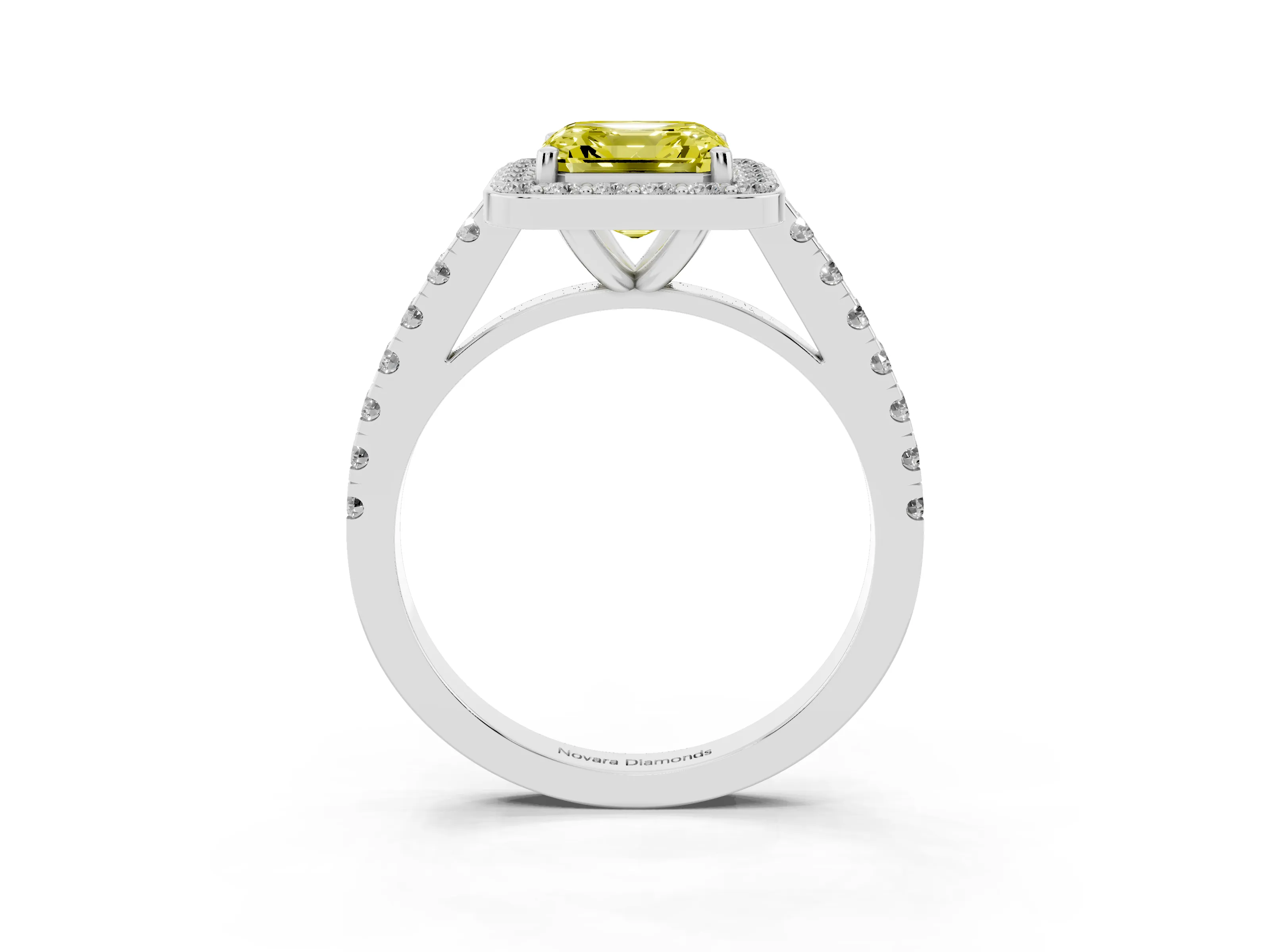 Fancy Yellow Asscher Cut Diamond Halo Ring Set in White gold with Round Pavé Split Shank and Prong Setting
