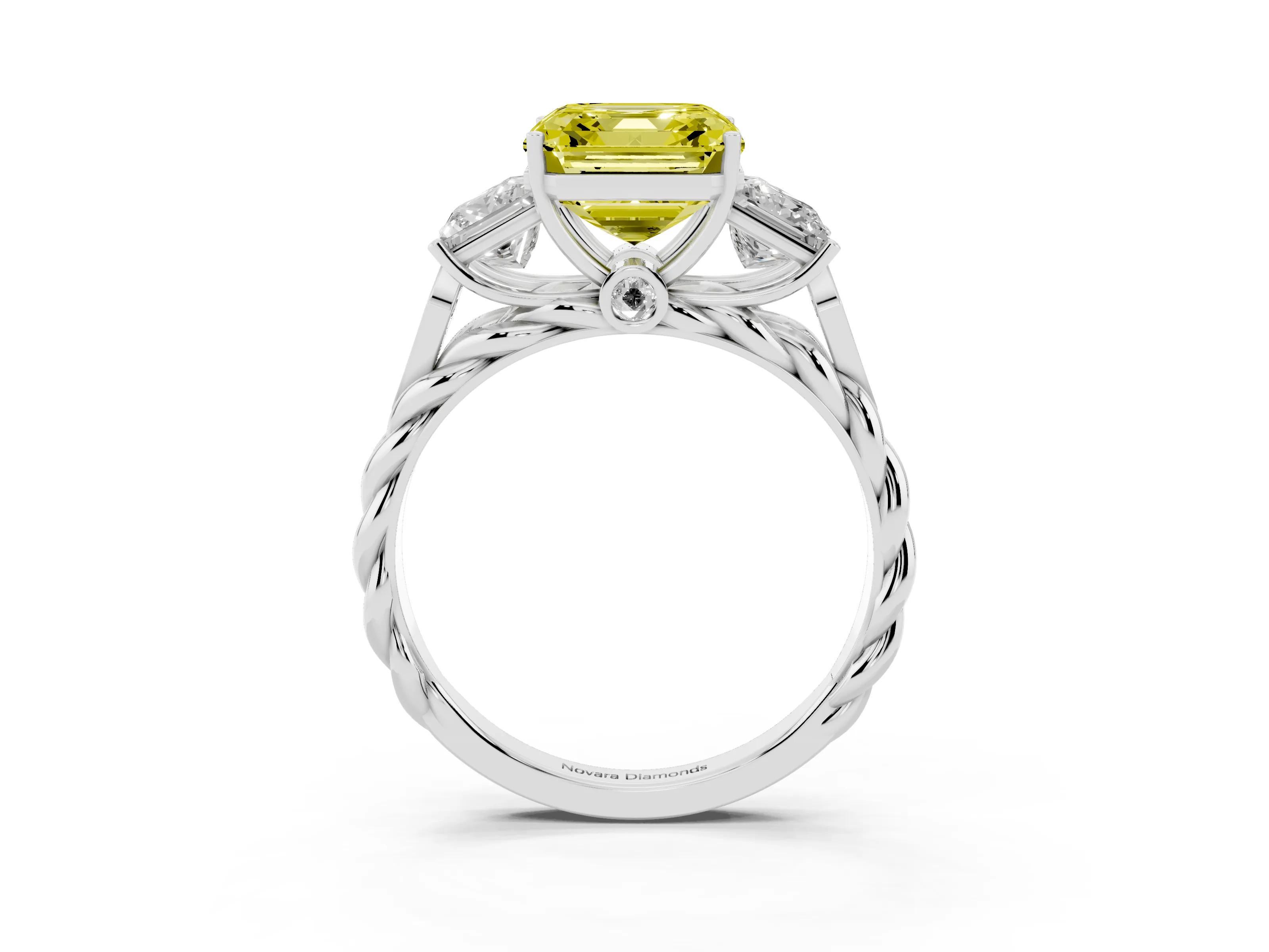 Fancy Yellow Asscher Cut Diamond Three-Stone Ring Set in White gold with Braided Band
