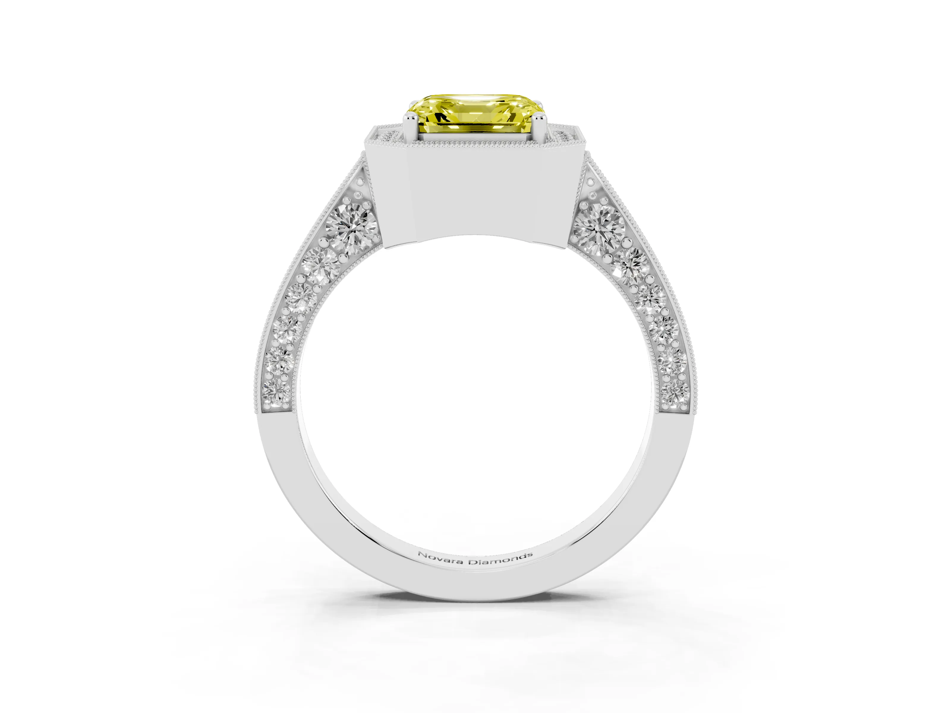 Fancy Yellow Asscher Cut Diamond Halo Engagement Ring Set in Silver with Accent Split Shank Band