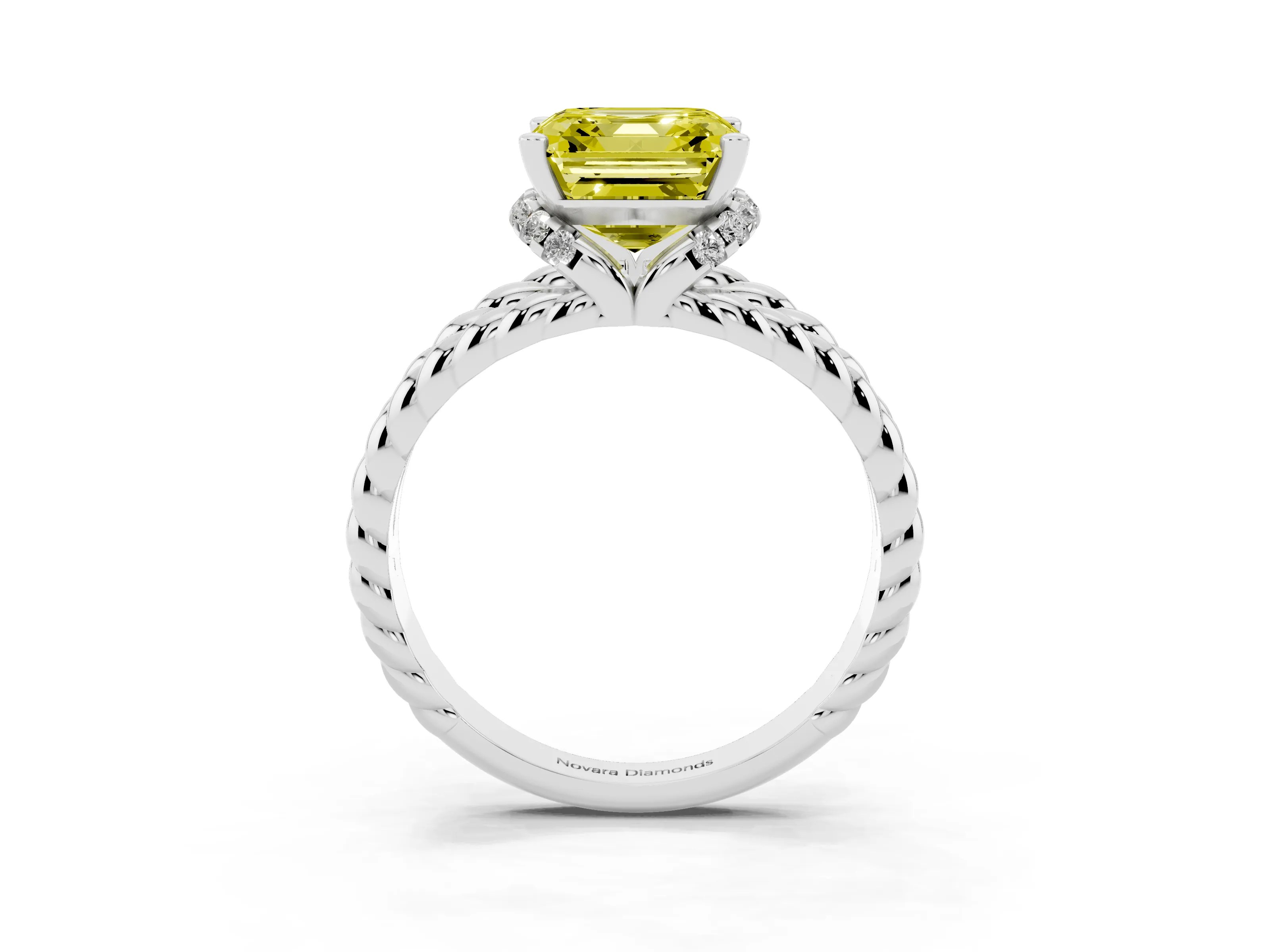 Fancy Yellow Asscher Cut Diamond Halo Ring Set in White gold with Twisted Band and Prong Setting