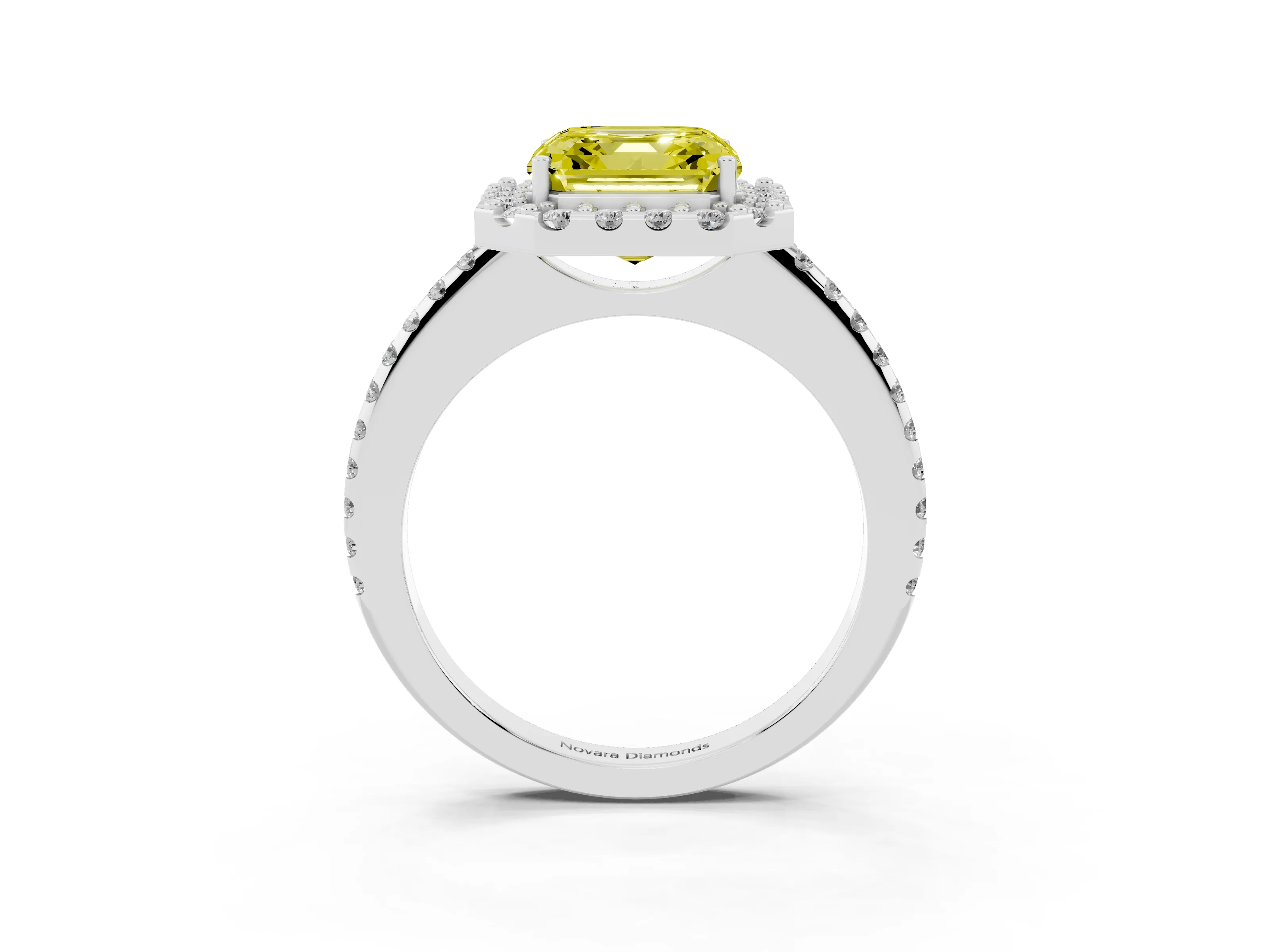 Fancy Yellow Asscher Cut Diamond Pavé Halo Ring Set in Platinum with Prong Setting