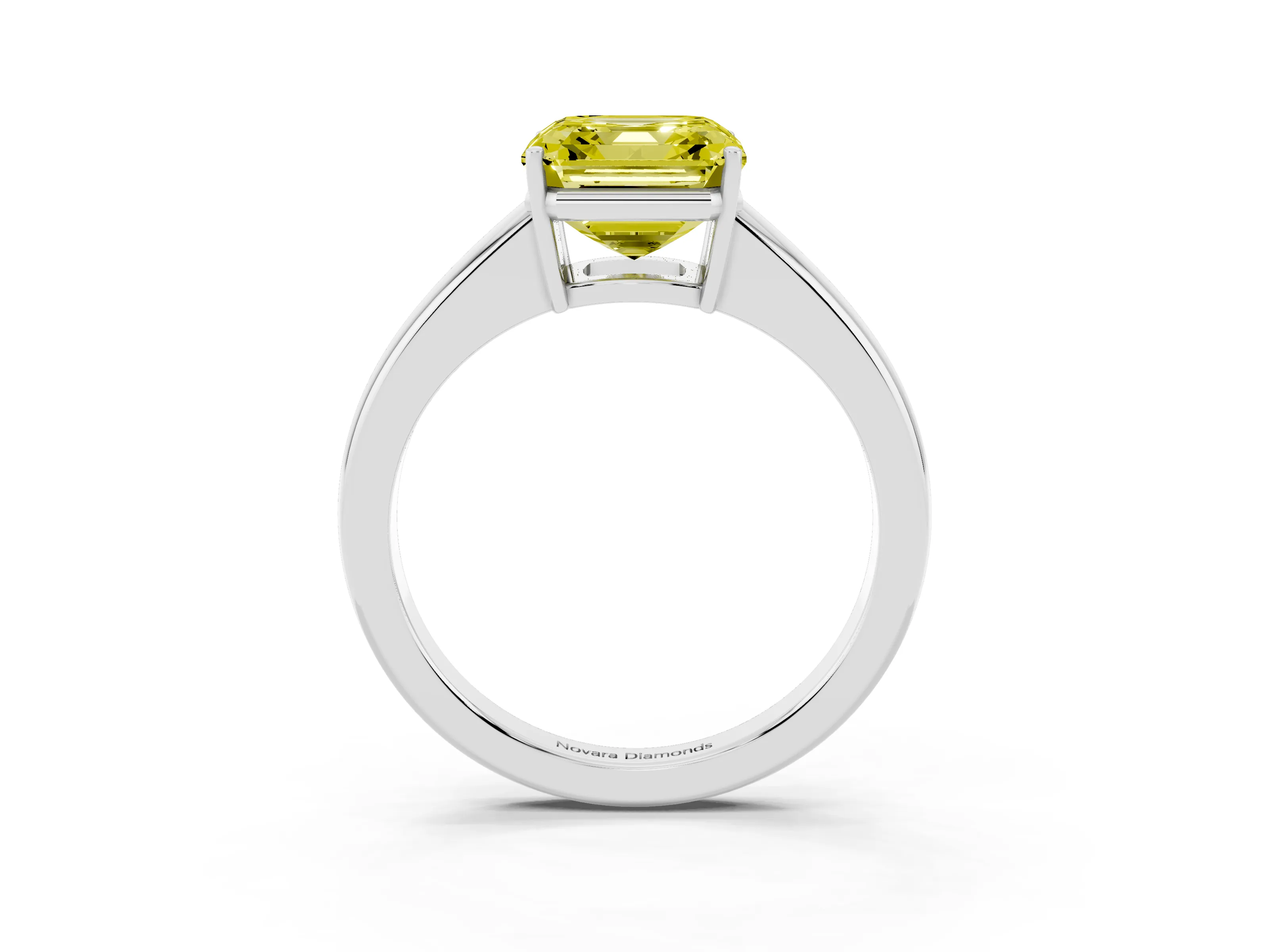 Fancy Yellow Asscher Cut Diamond Solitaire Ring Set in White gold with Tapered Band and Prong Setting
