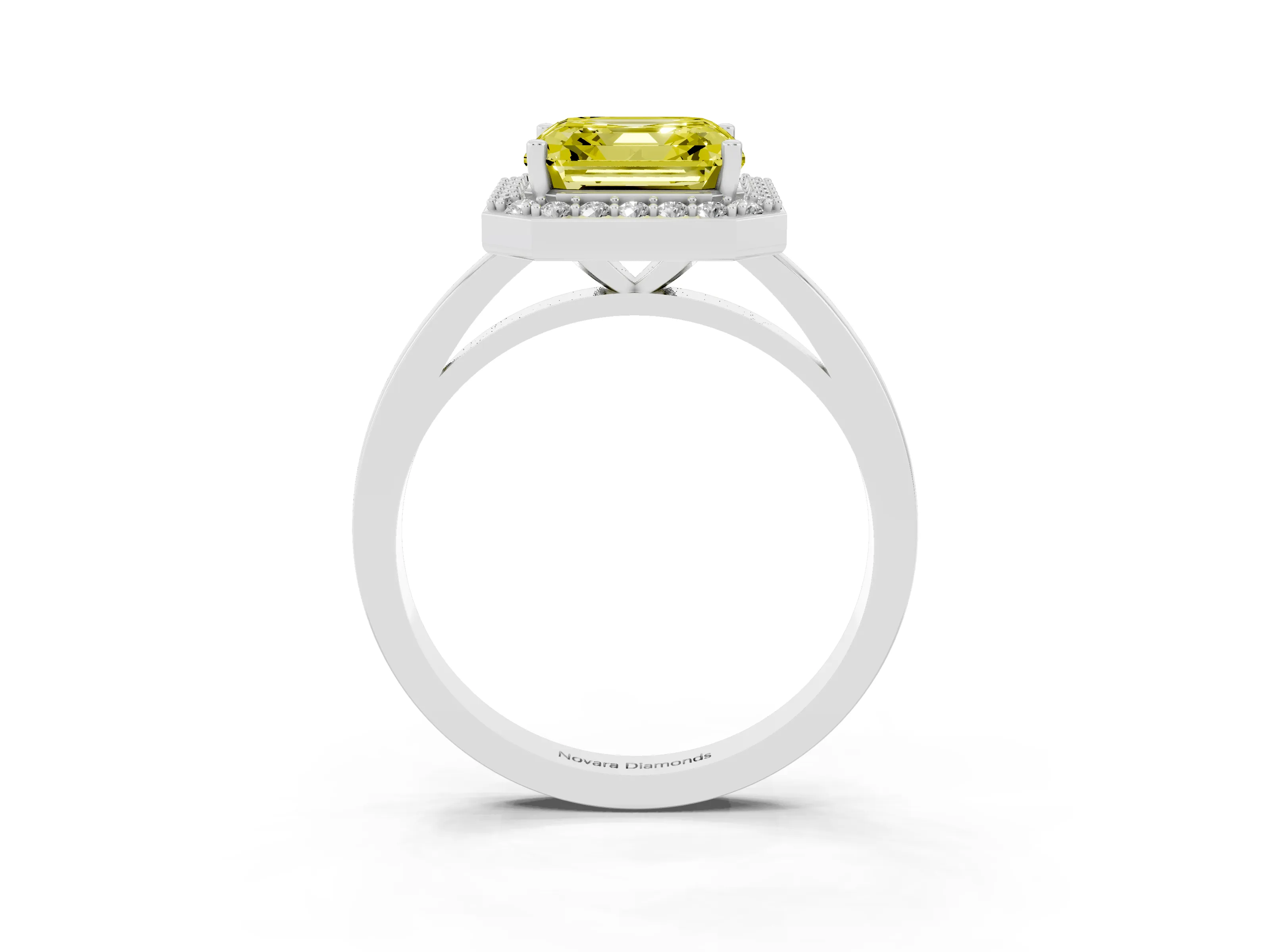 Fancy Yellow Asscher Cut Diamond Halo Ring Set in White gold with Solitaire Band and Prong Setting