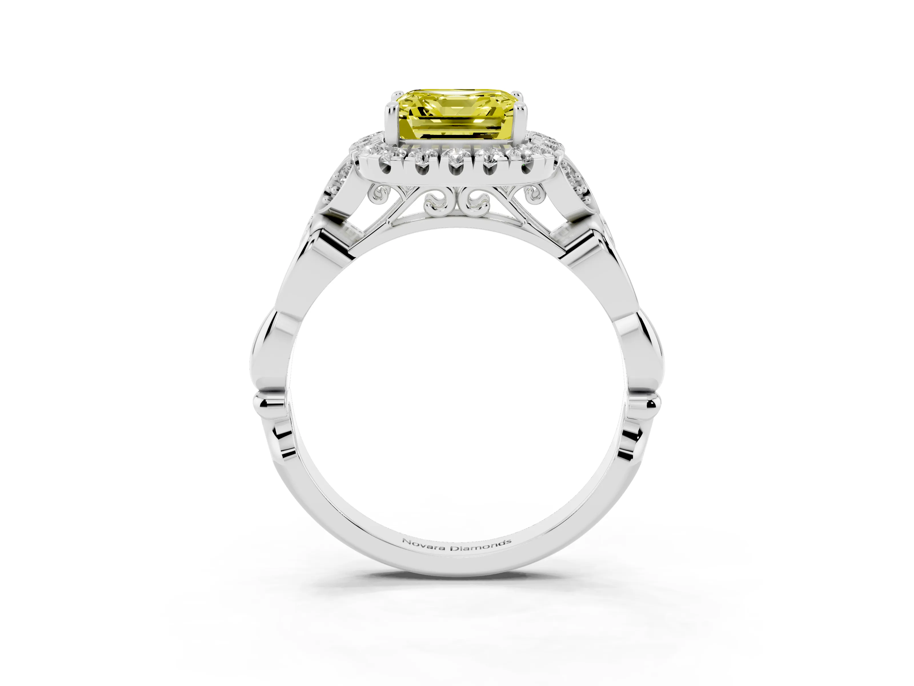 Fancy Yellow Asscher Cut Diamond Halo Engagement Ring Set in Platinum with Vintage-Inspired Band and Prong Setting